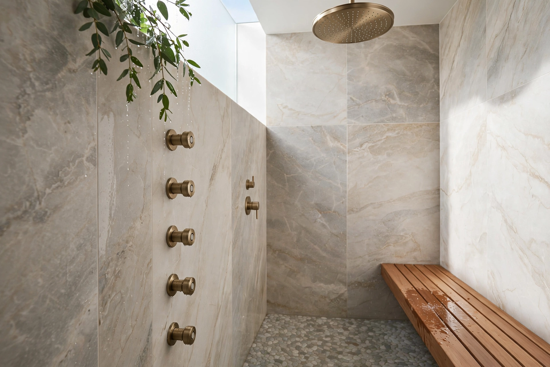 Wall-mounted body spray jets alongside a rainfall head in a luxury shower