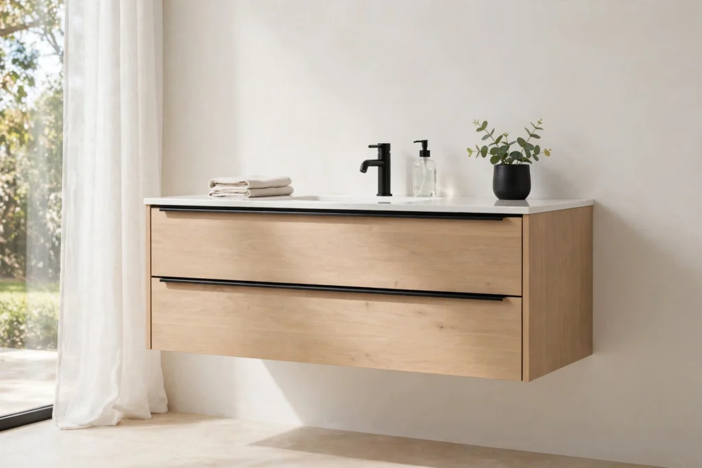 Slim black edge pulls on a wall-mounted floating bathroom vanity