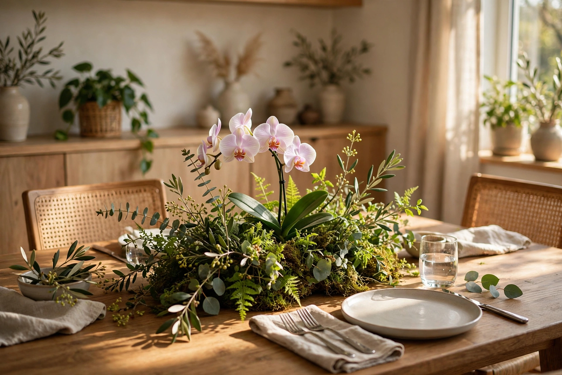 Dining table styled with a blooming orchid and fresh spring greenery centerpiece
