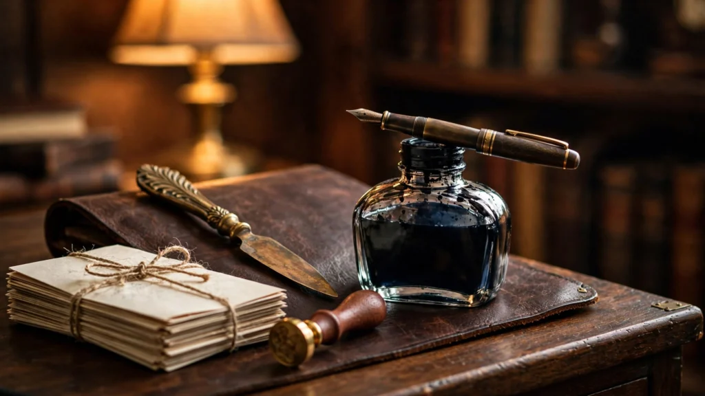 Fountain pen, ink bottle, wax seal and handwritten letters on a dark wood desk