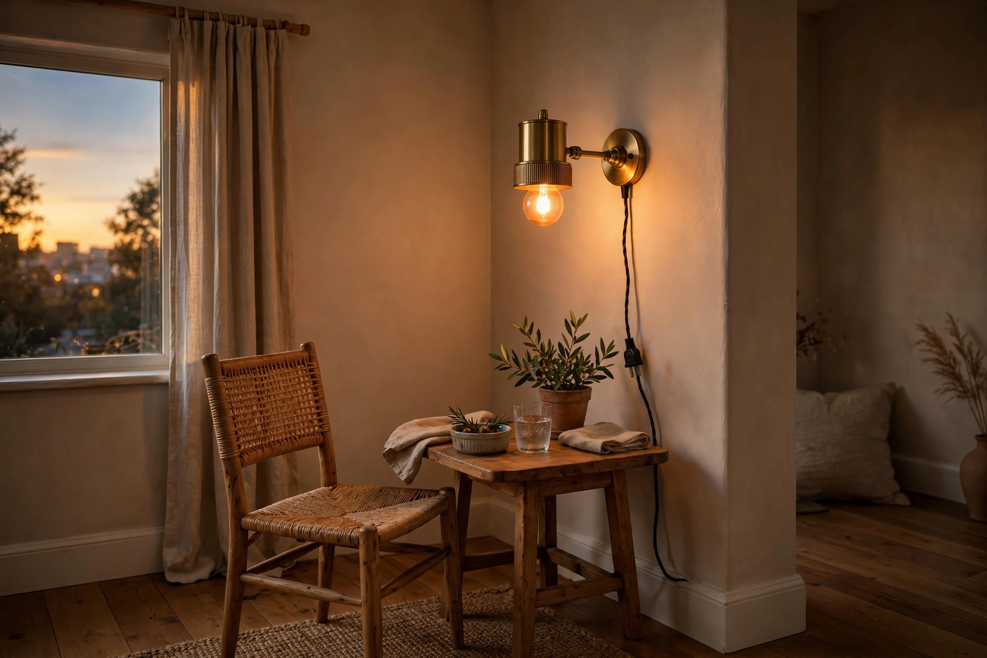 Brass plug-in wall sconce glowing in a dining room corner above a small table