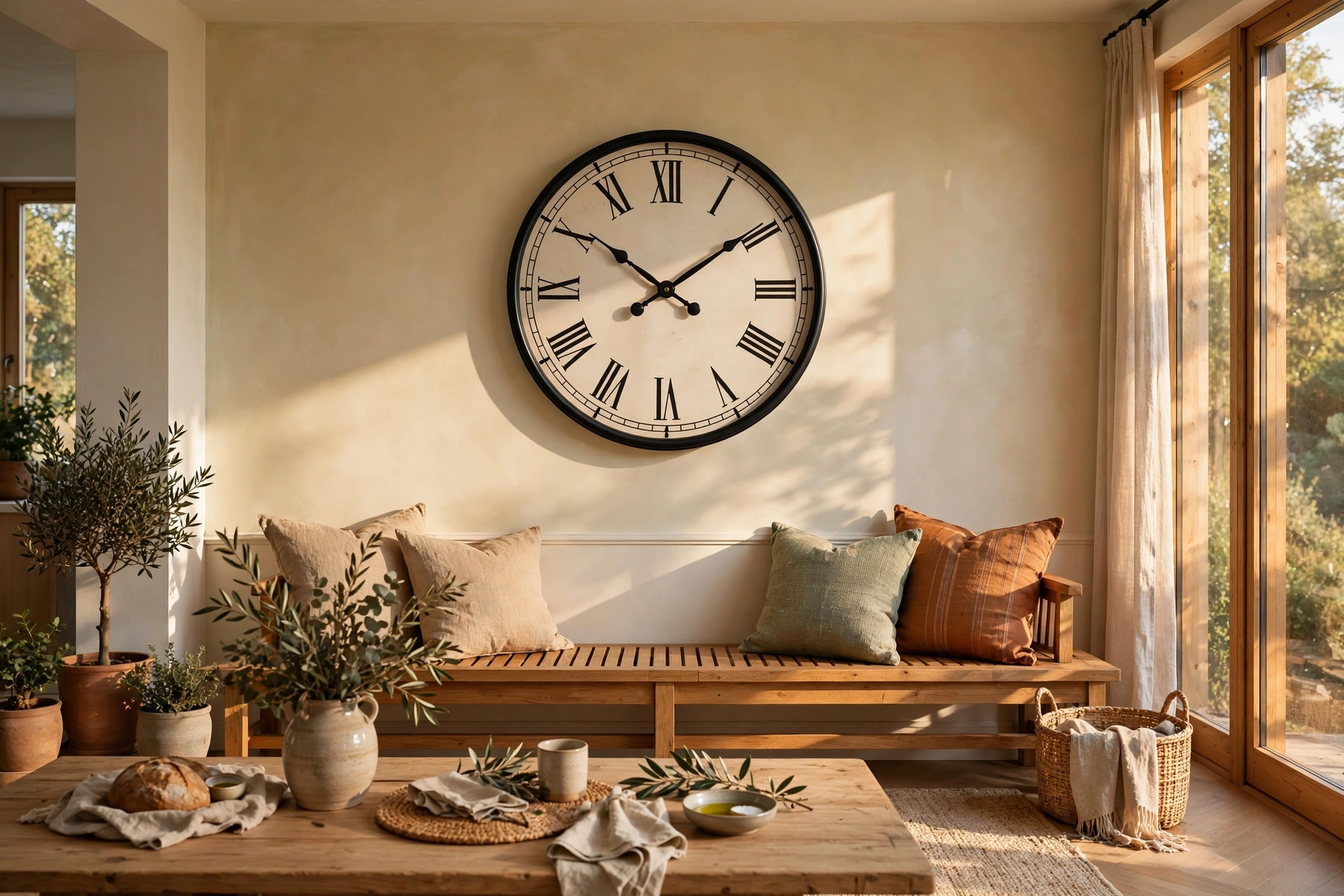 Large clock perfectly centered on a long dining room wall above a bench