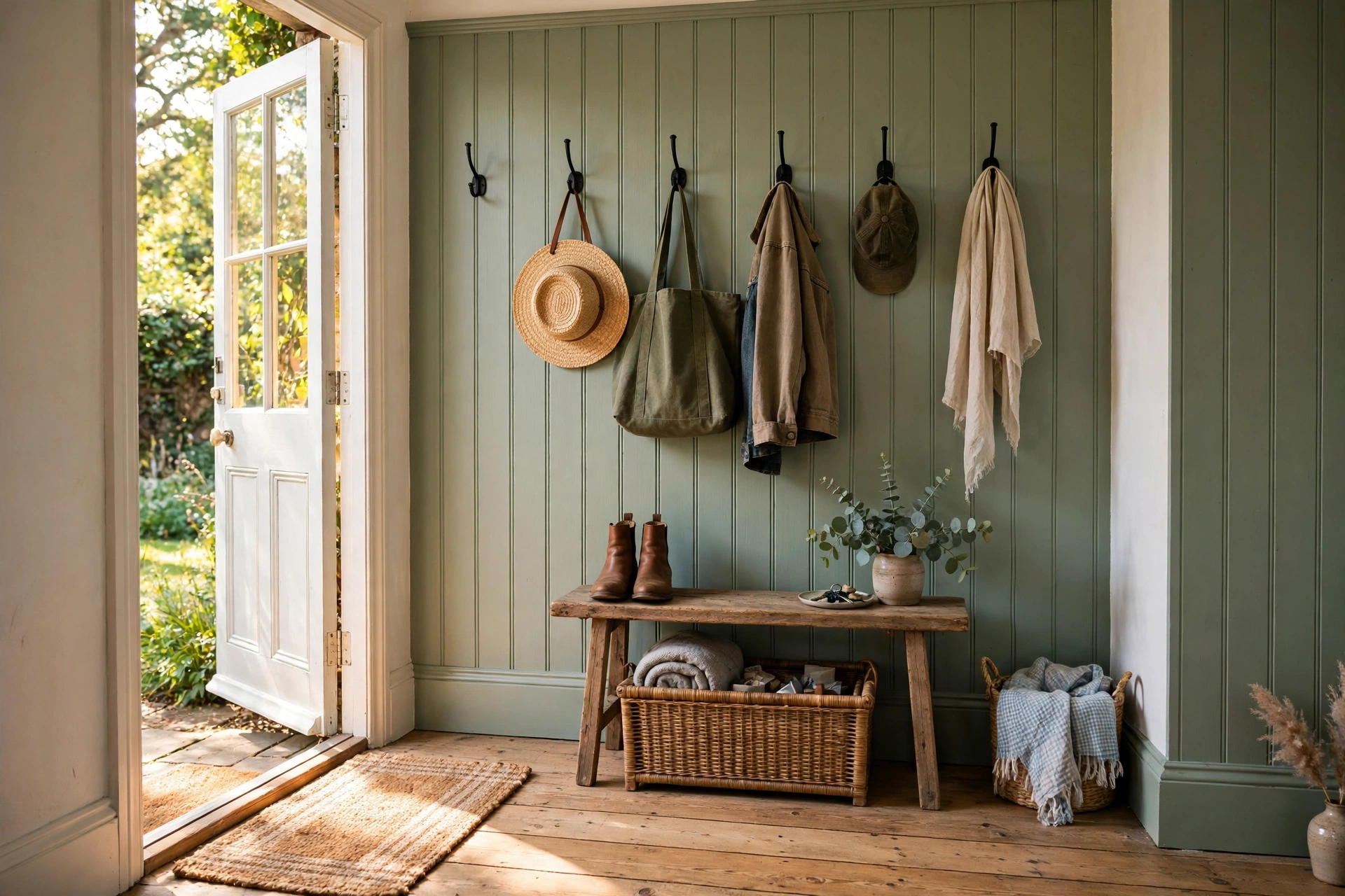 Sage green beadboard accent wall in a cottage-style entryway with hooks