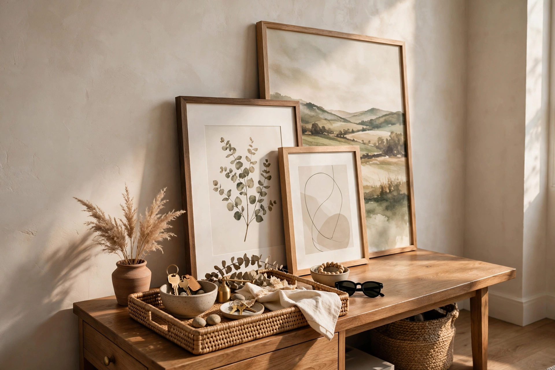 Entryway tray styled in front of layered framed art leaning on the wall