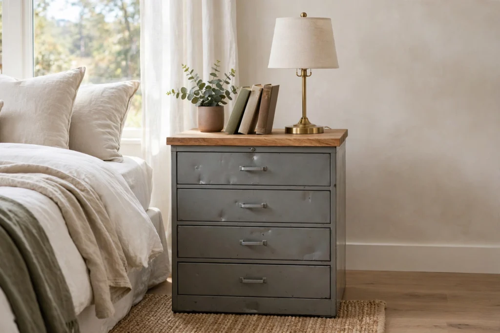 Filing cabinet repurposed as a bedroom nightstand with lamp and books