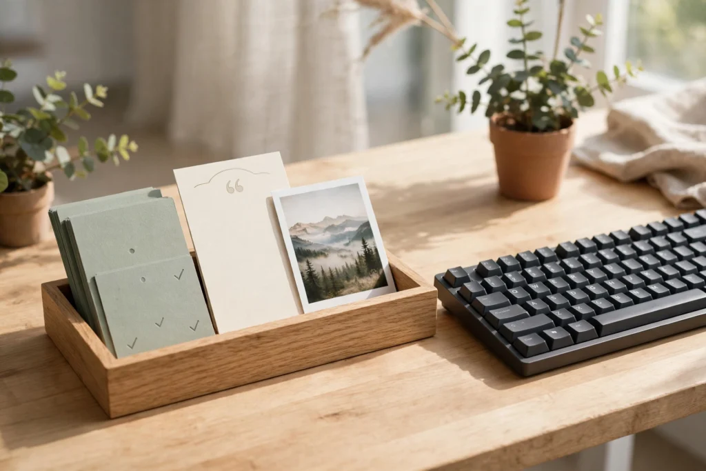 Mini desk-side vision tray with goal cards, a quote, and a photo arranged beside a keyboard