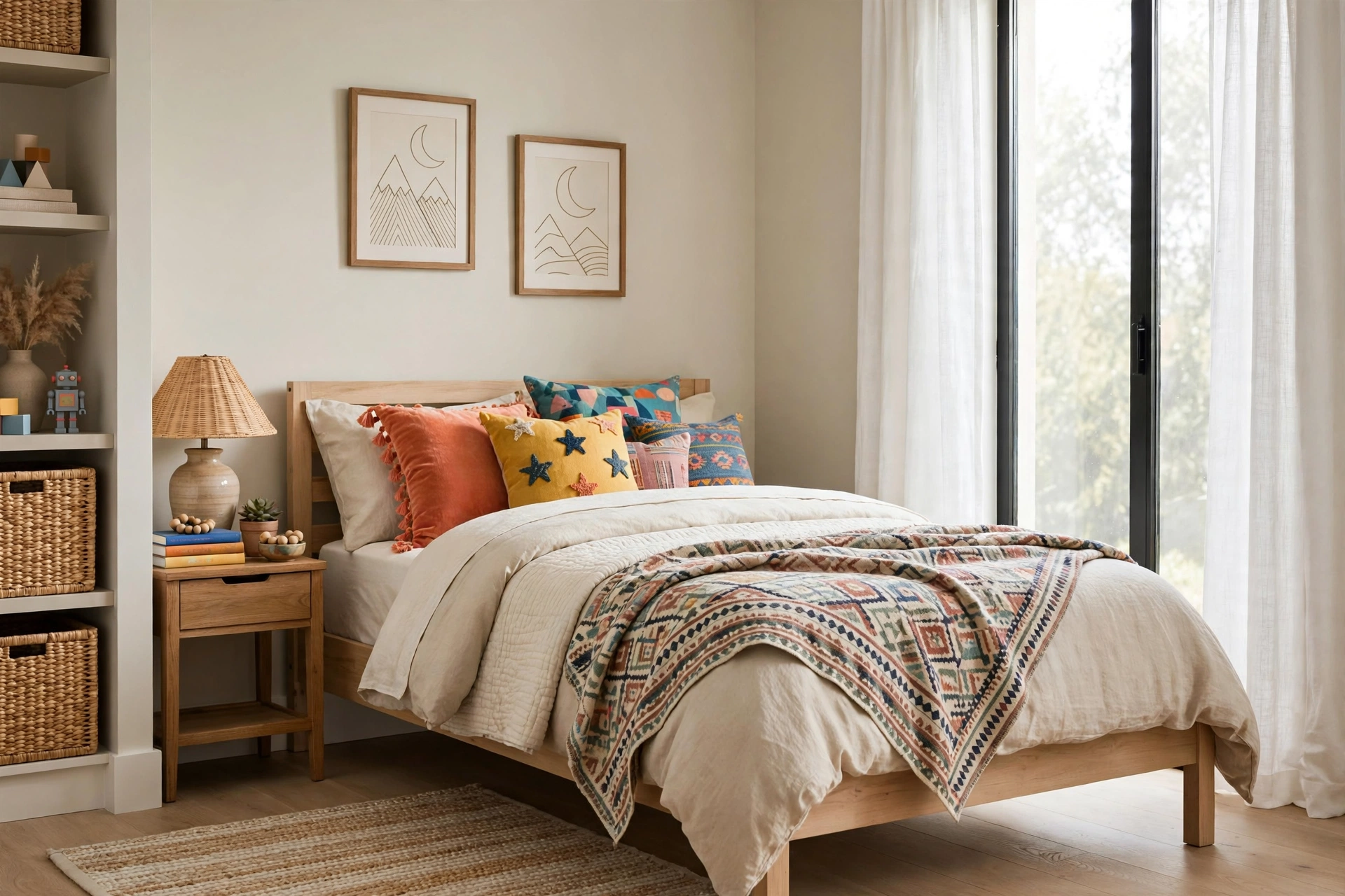 Tween bed with layered neutral bedding, patterned throw, and colorful accent pillows