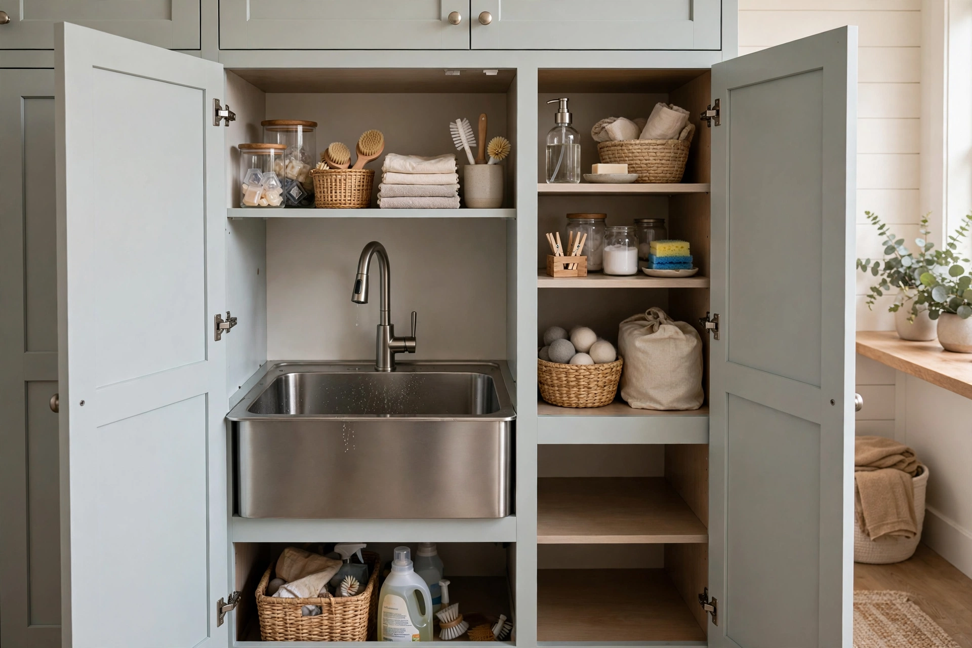 Laundry sink enclosed in a shaker-style storage cabinet with organized supplies inside