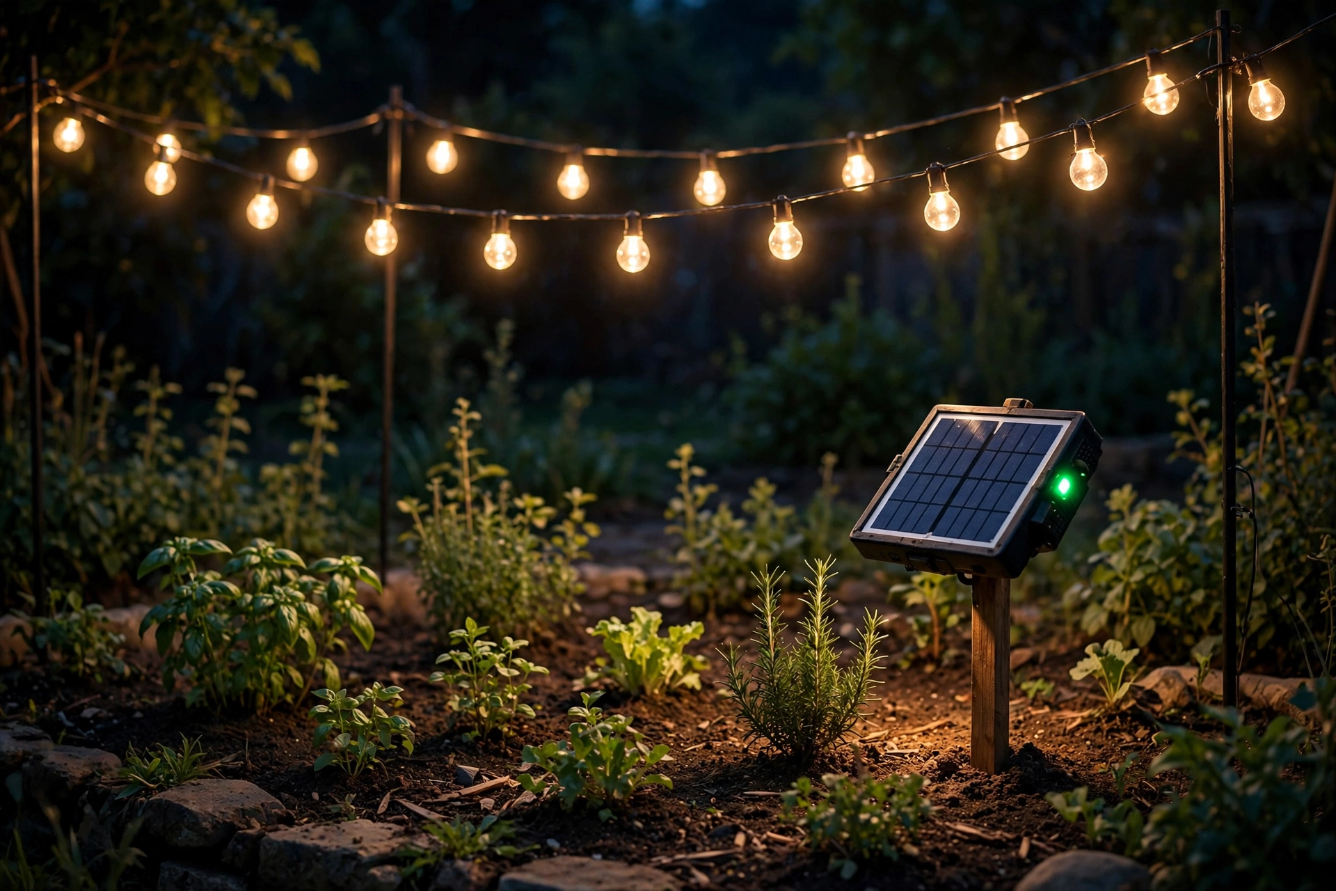 Solar string lights with small panel glowing over a garden bed