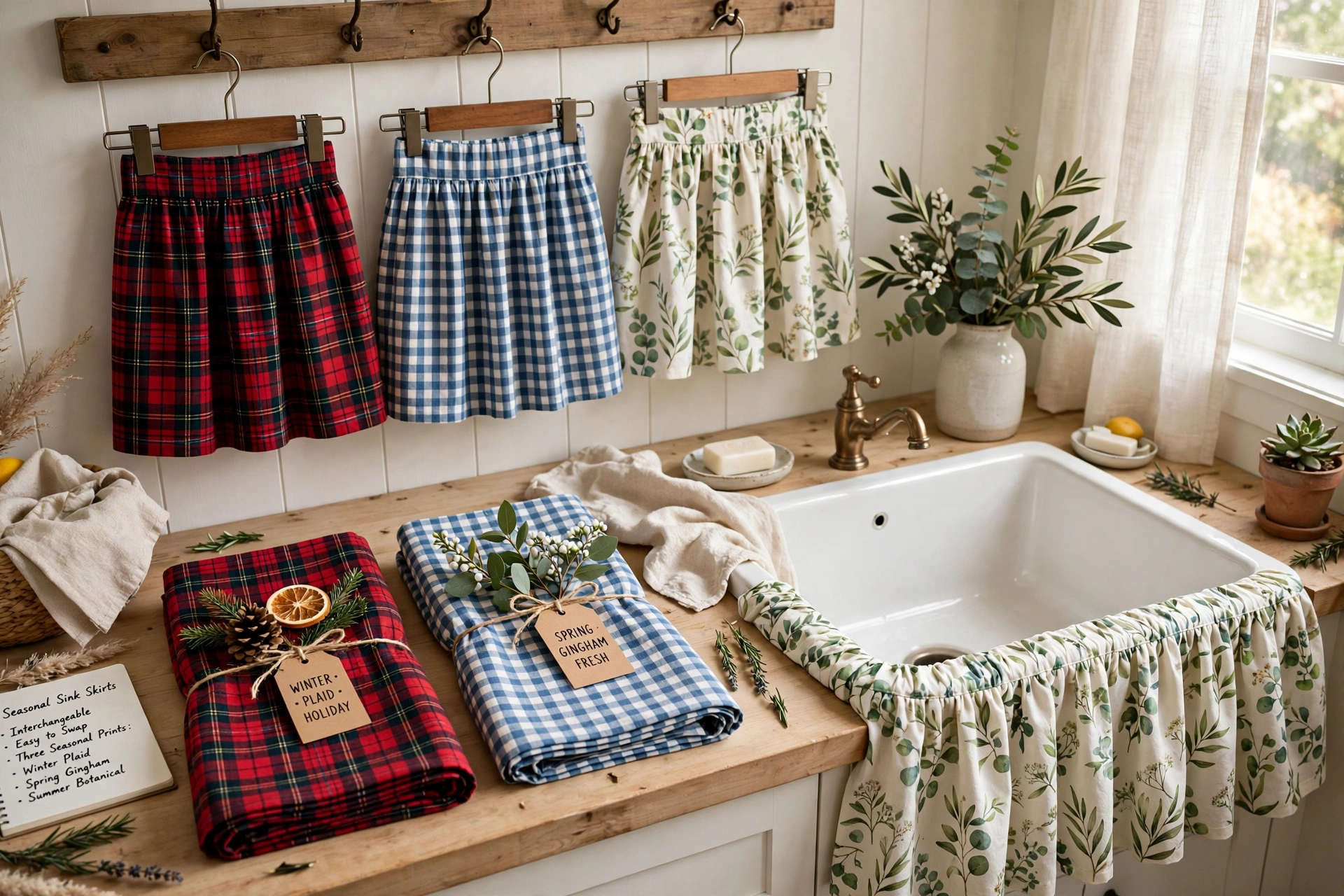 Collection of seasonal interchangeable sink skirts in plaid, gingham and botanical prints