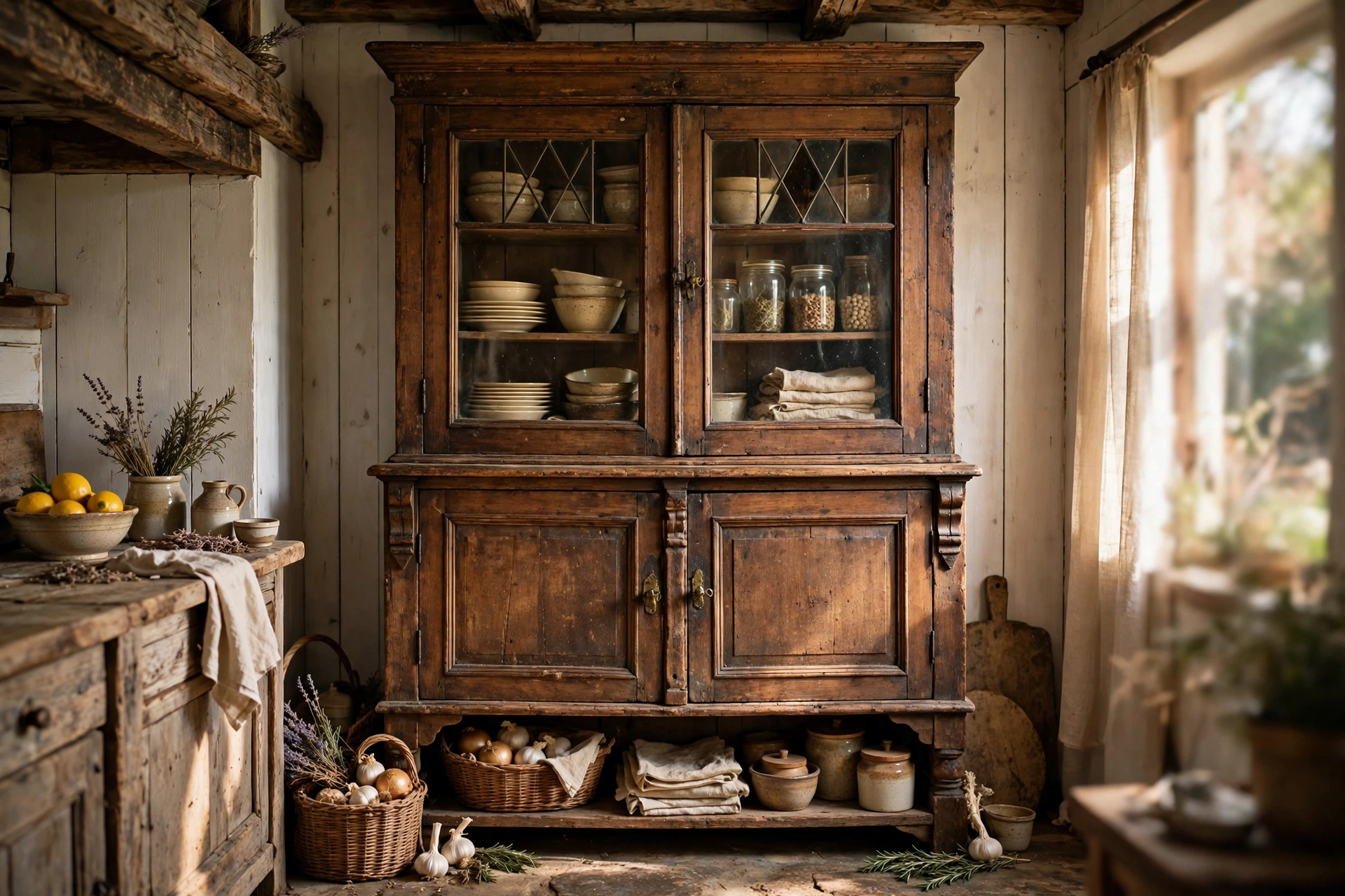 Antique wooden hutch used for storage in a rustic kitchen