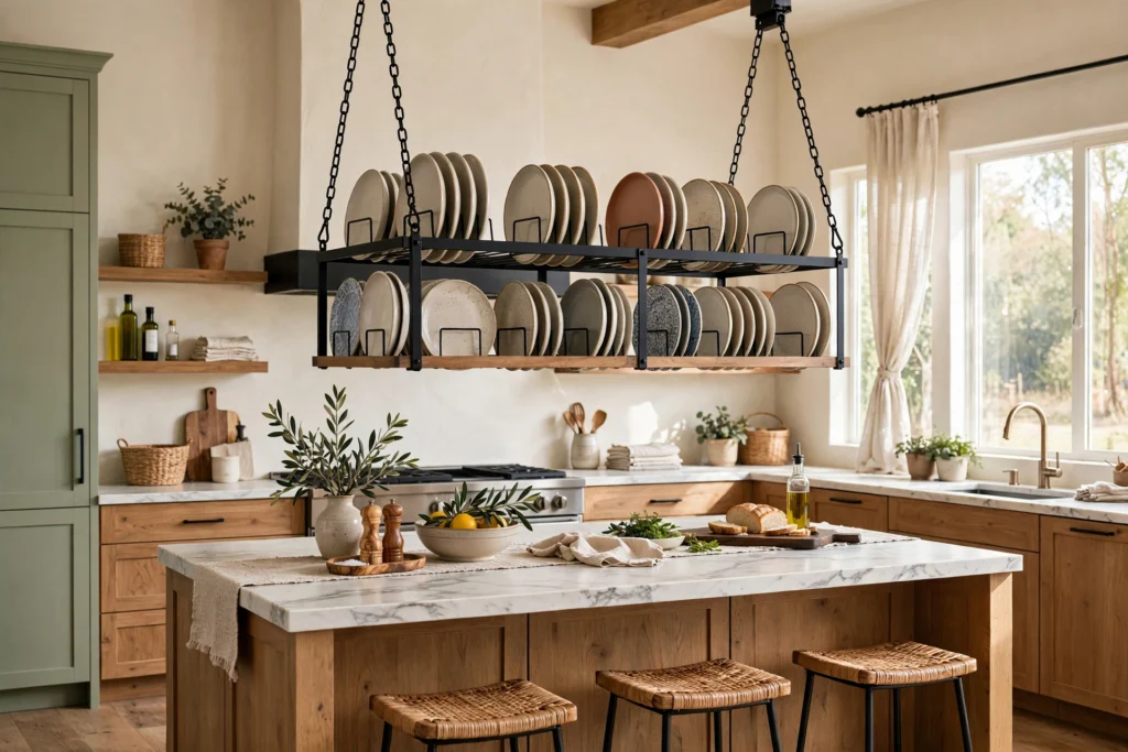 Hanging plate rack suspended by chains over a kitchen island with plates on both faces