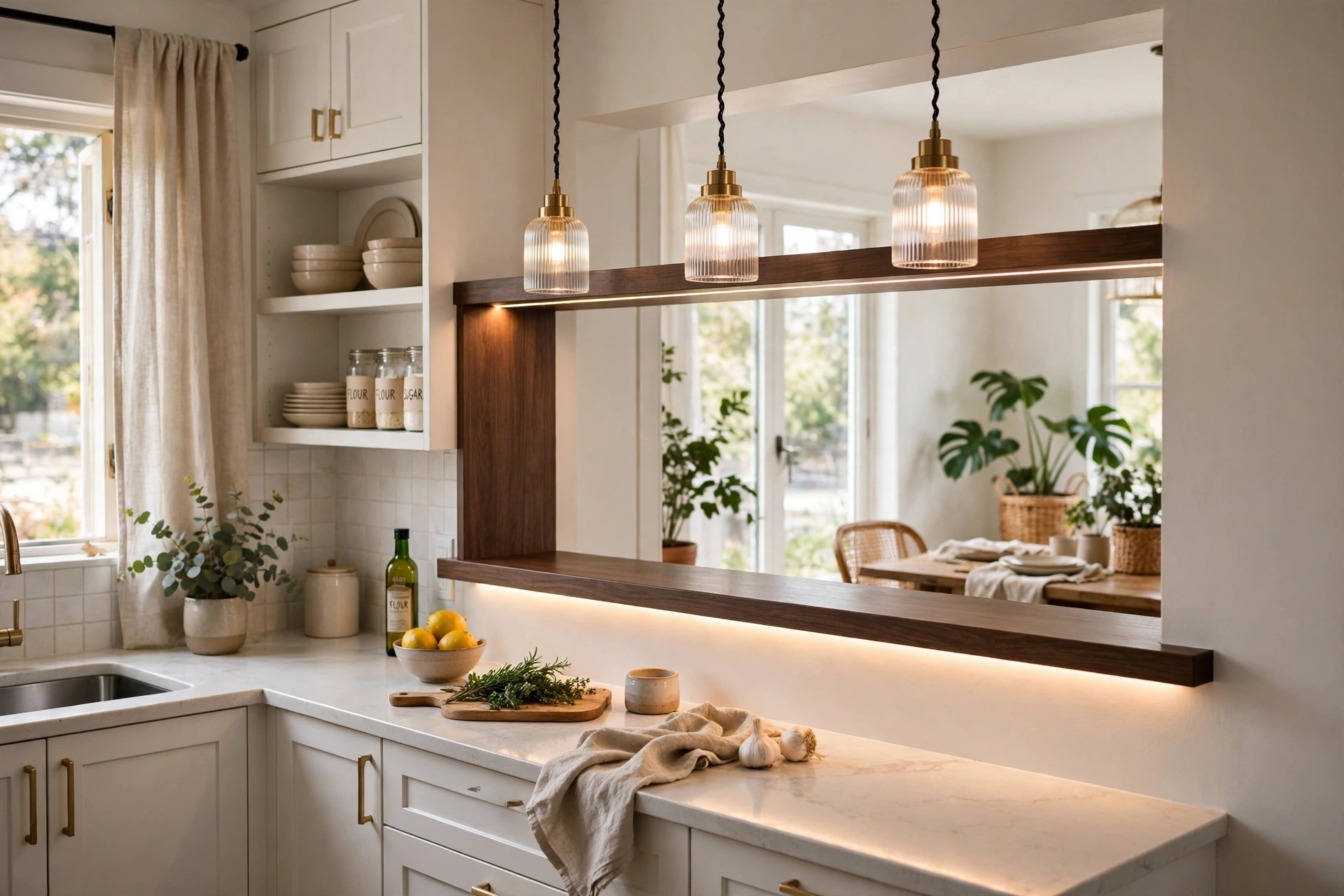 Kitchen pass-through with integrated LED strip lighting under the ledge and pendant lights