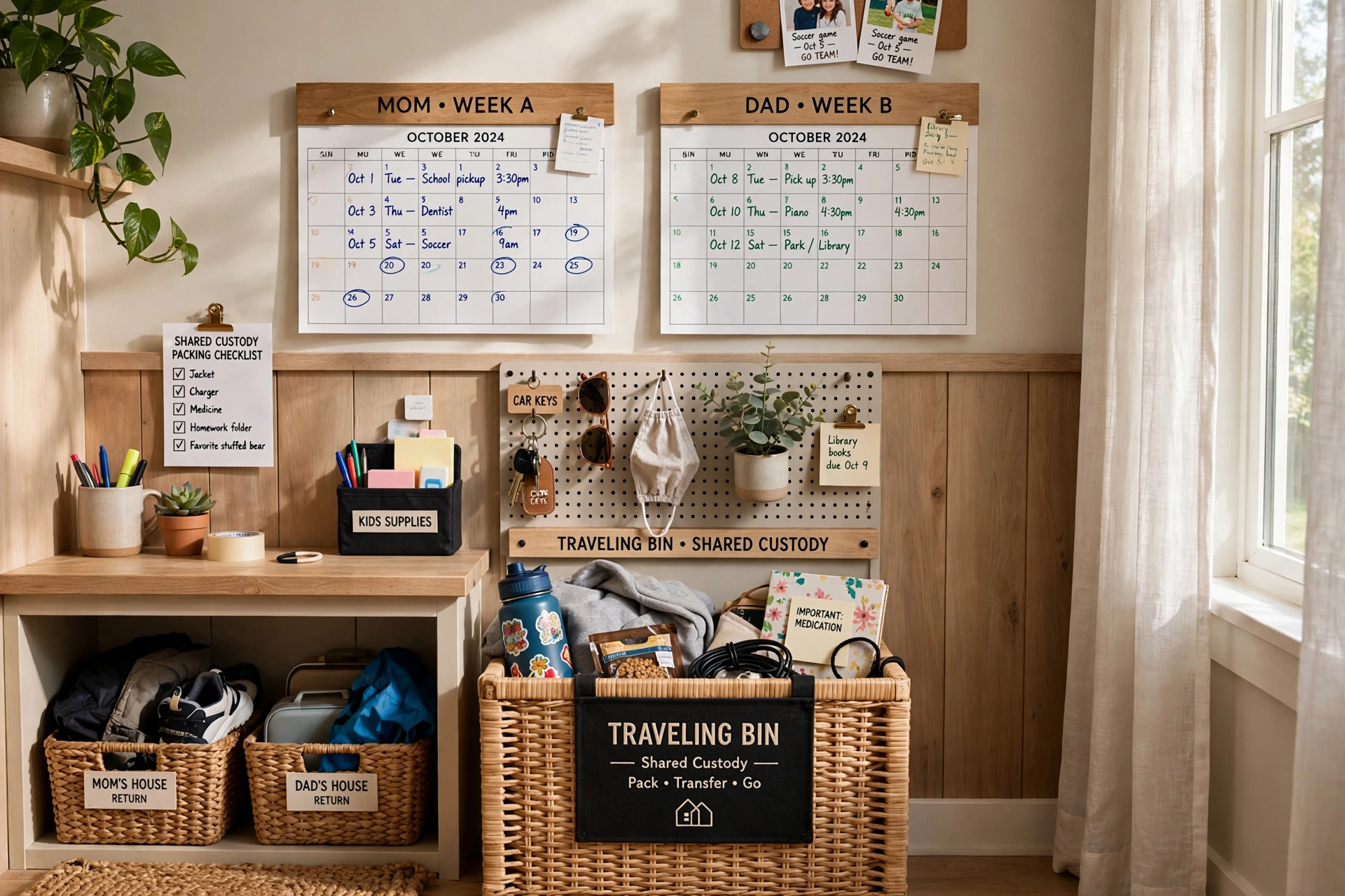 Command center with dual calendars and a traveling bin for a shared-custody family