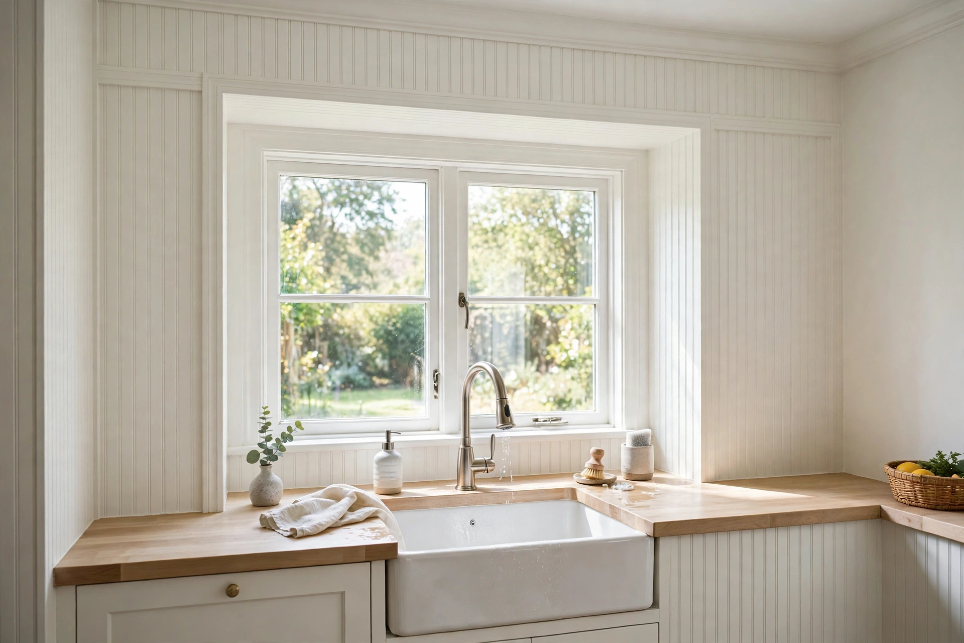 Kitchen sink window framed with a wide beadboard surround from counter to ceiling