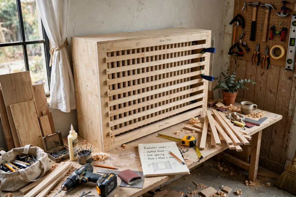 Handmade plywood radiator cover with slatted front in a workshop corner