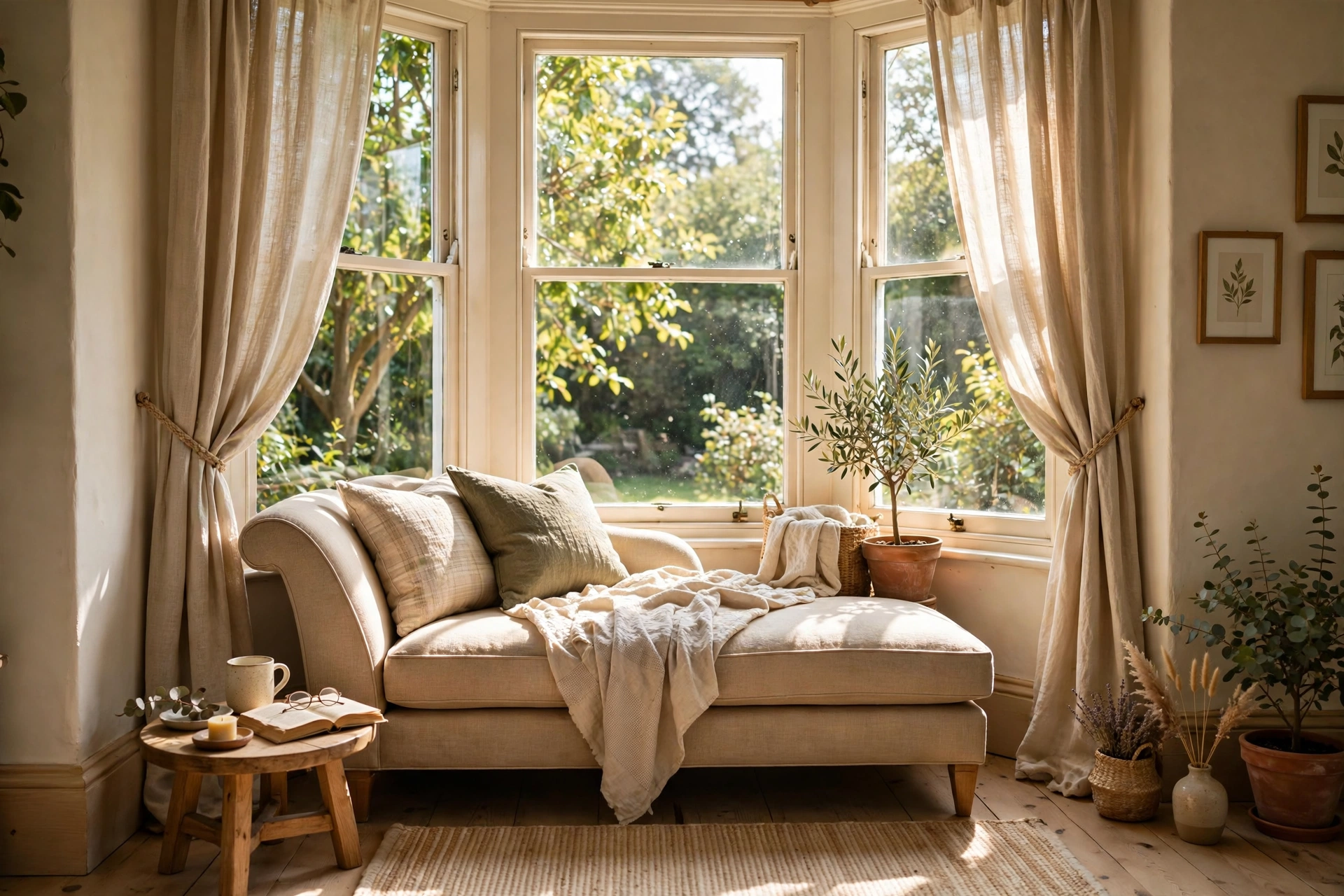 Low chaise lounge nestled into a sunlit bay window with curtains