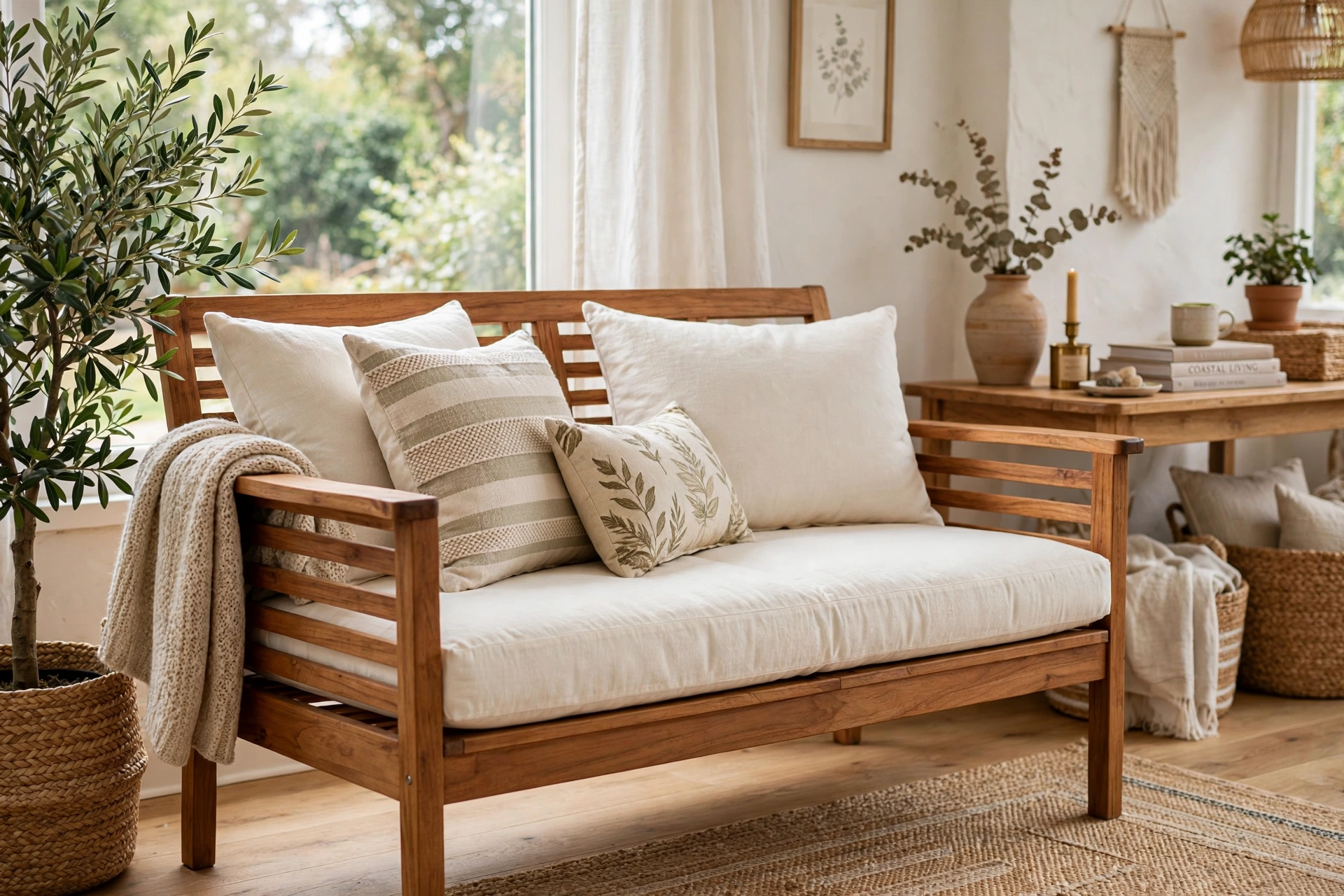 Teak outdoor loveseat with washable cushions in a casual indoor living space