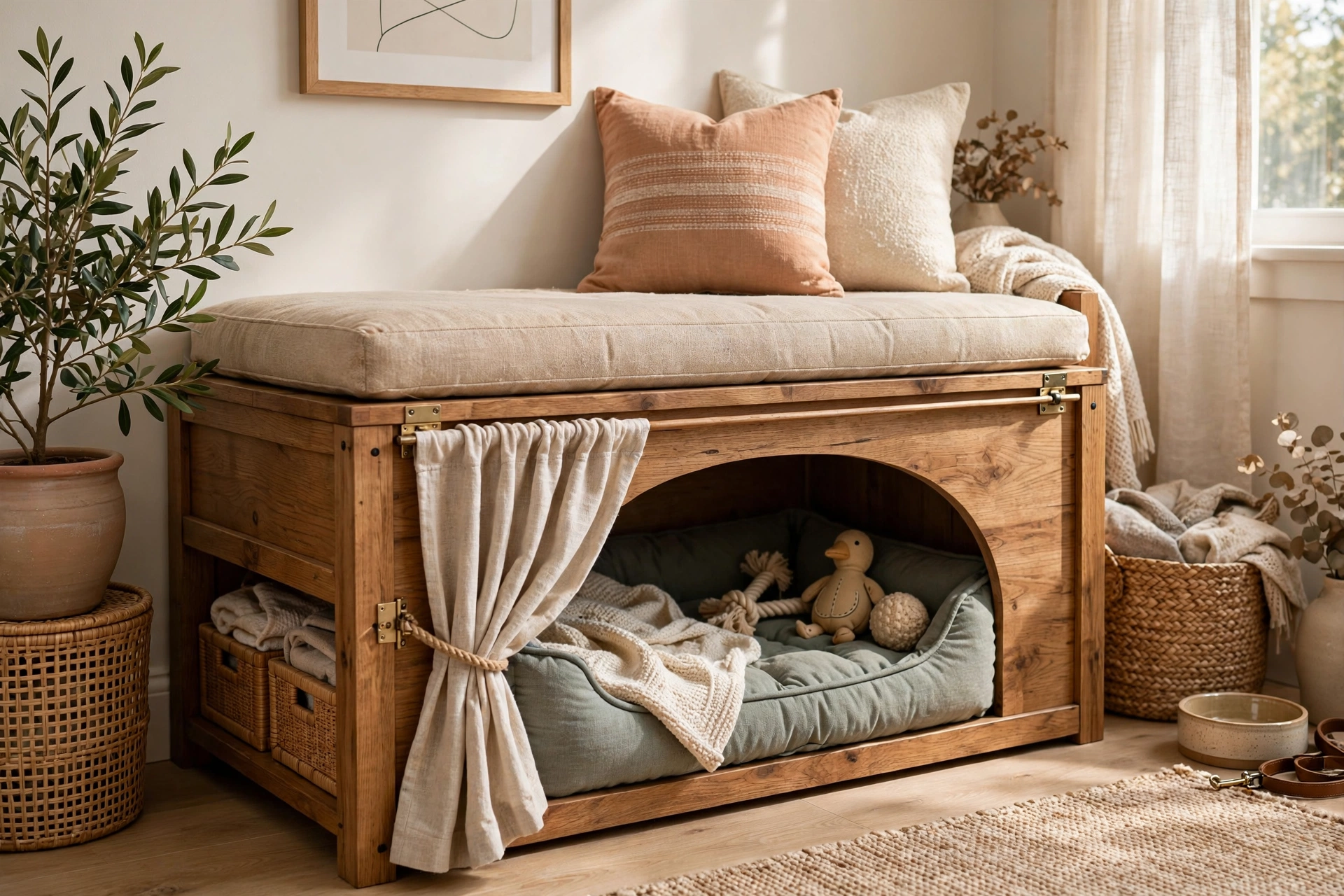 Storage bench converted into a hidden den-style dog bed