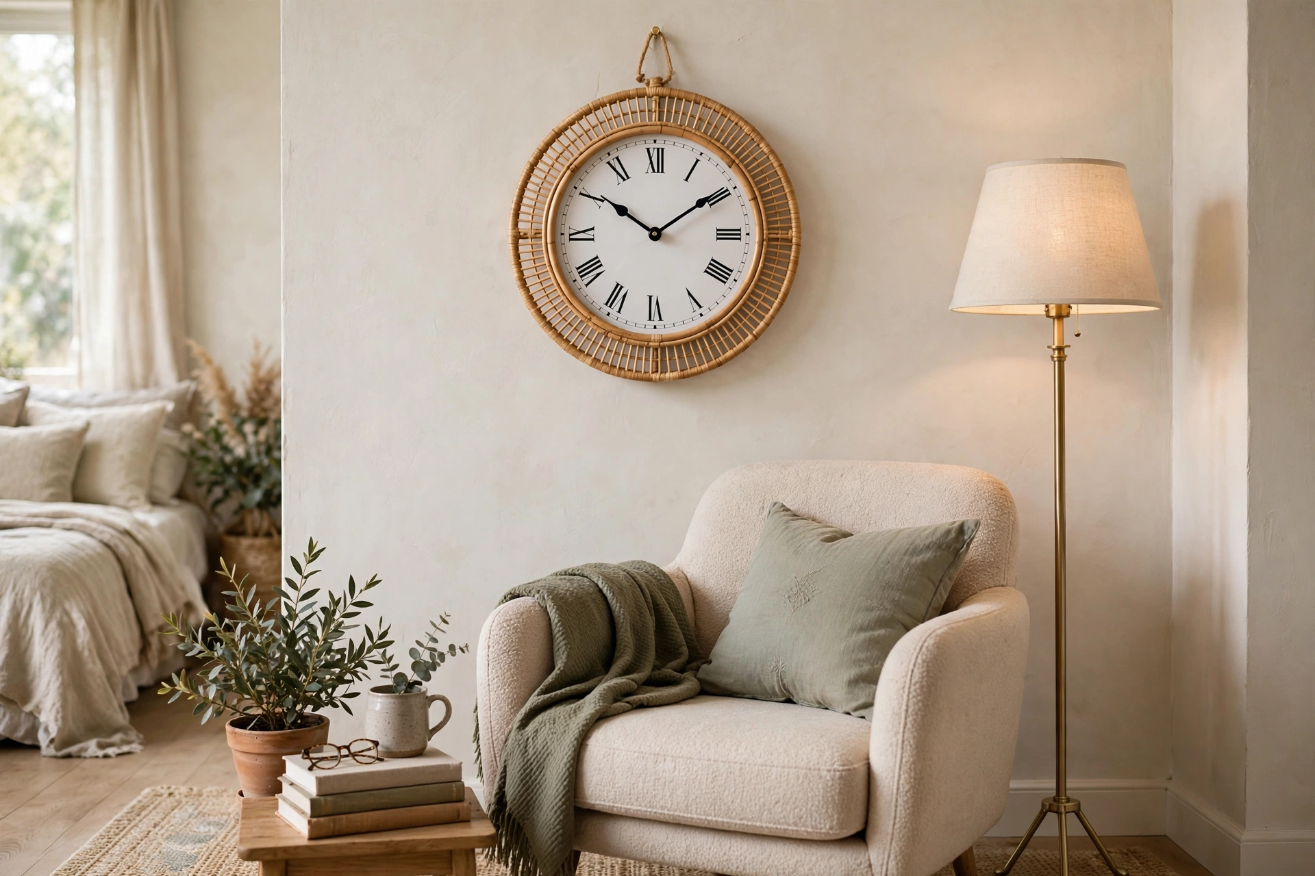 Round rattan clock hanging above a cozy bedroom reading chair and floor lamp