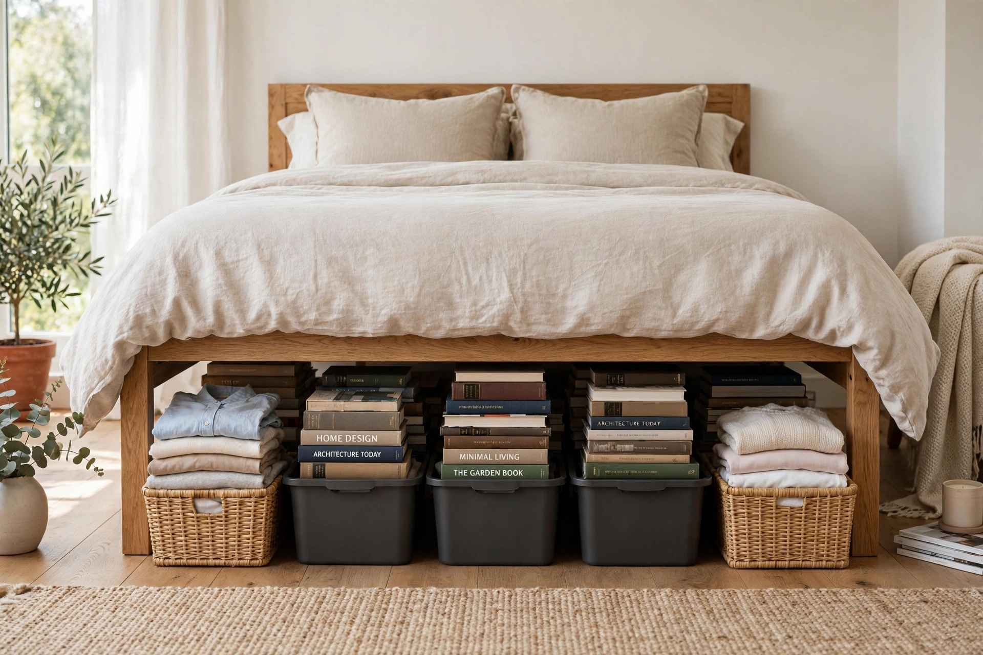 Heavy book bins centered under a bed with light clothing bins at the edges