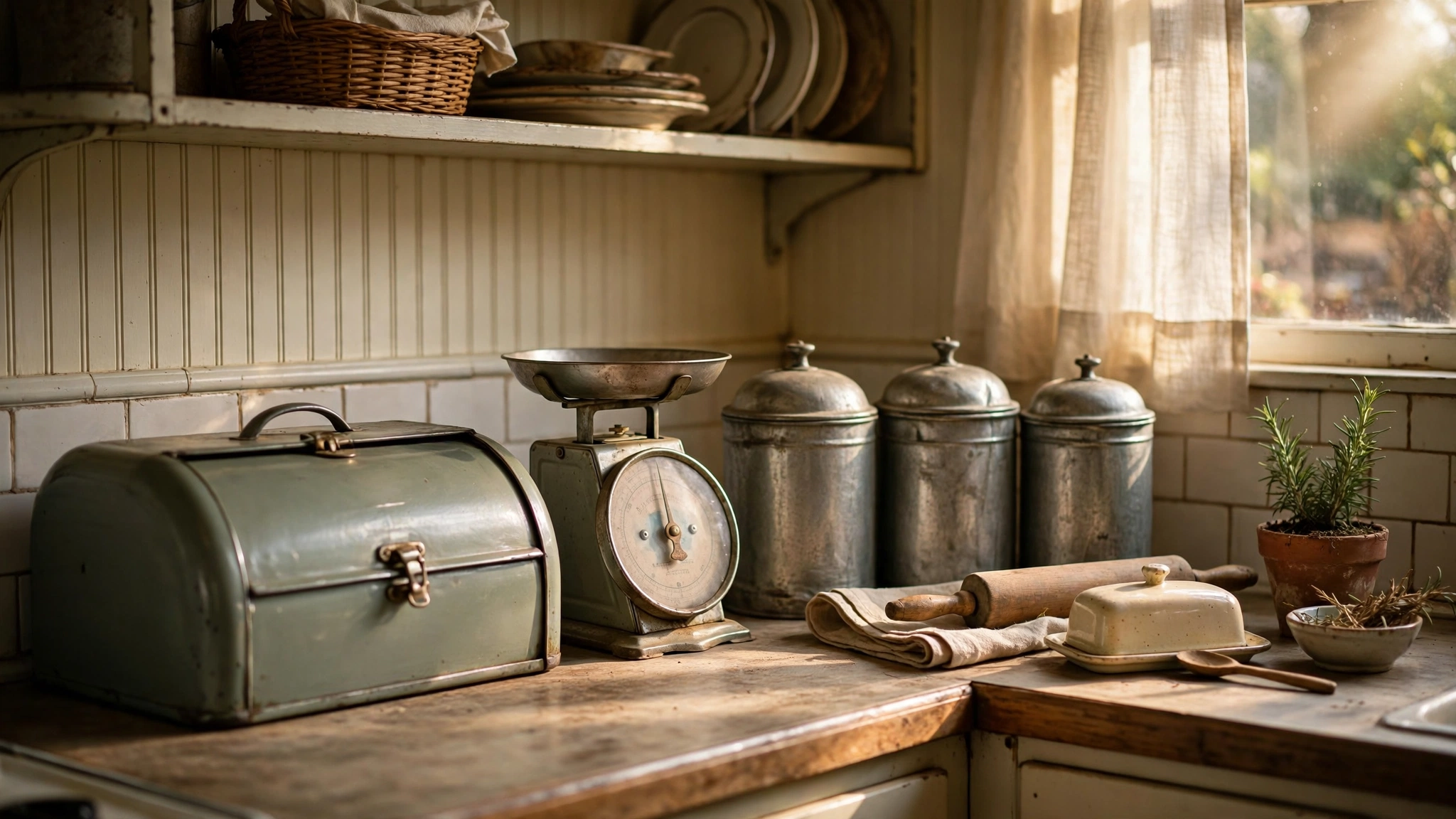 Vintage kitchen accessories — bread box, scale and canisters — on a retro counter