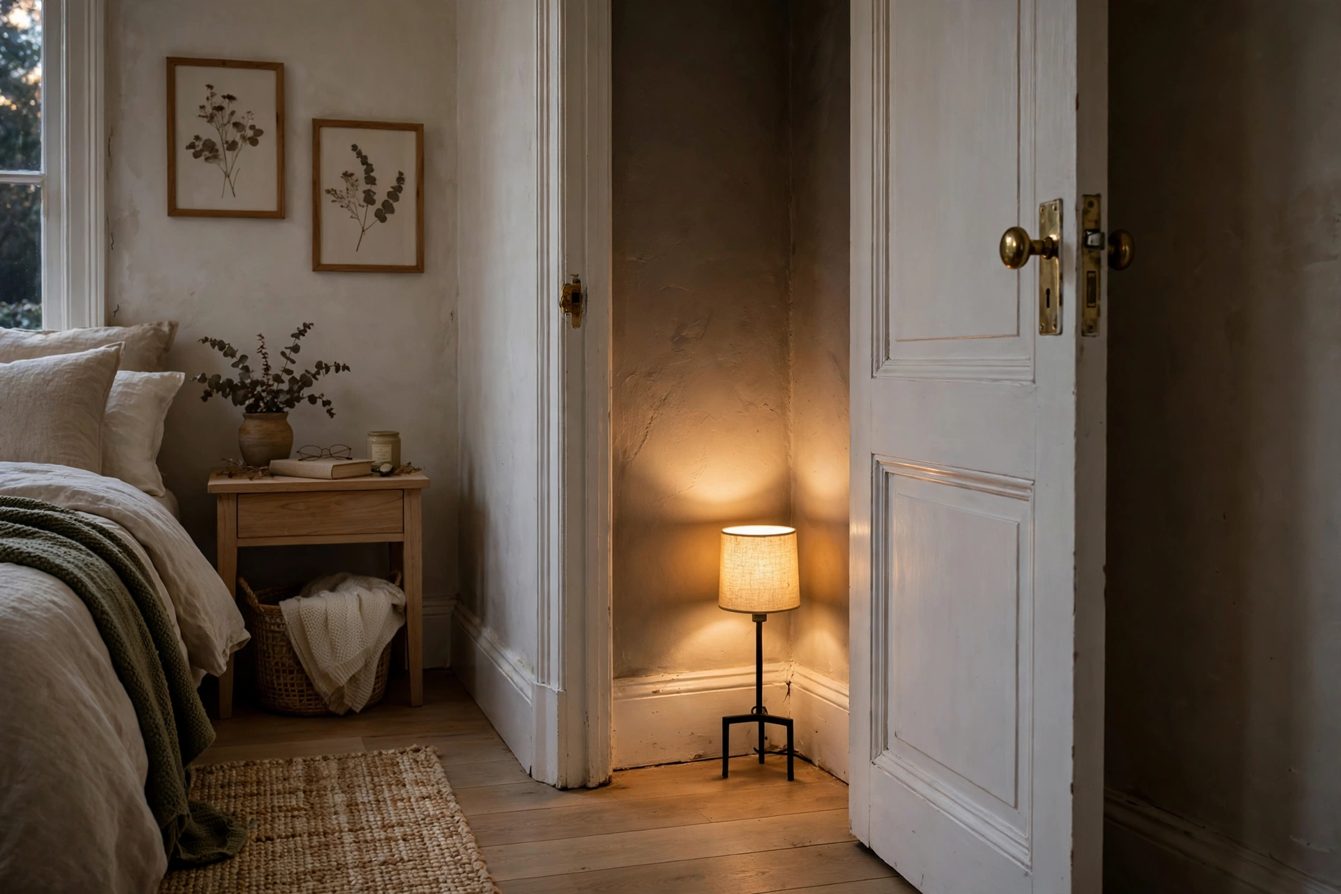 Compact floor lamp lighting the dark corner behind a bedroom door