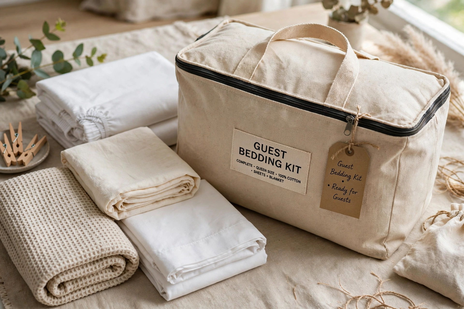Complete guest bedding kit with sheets and blanket packed in a storage bag