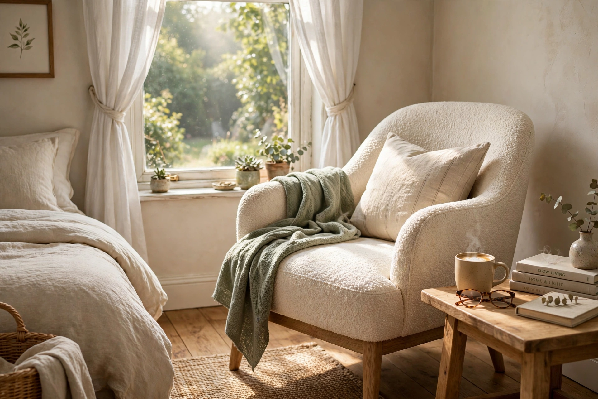 Accent chair angled toward a bedroom window for soft morning light