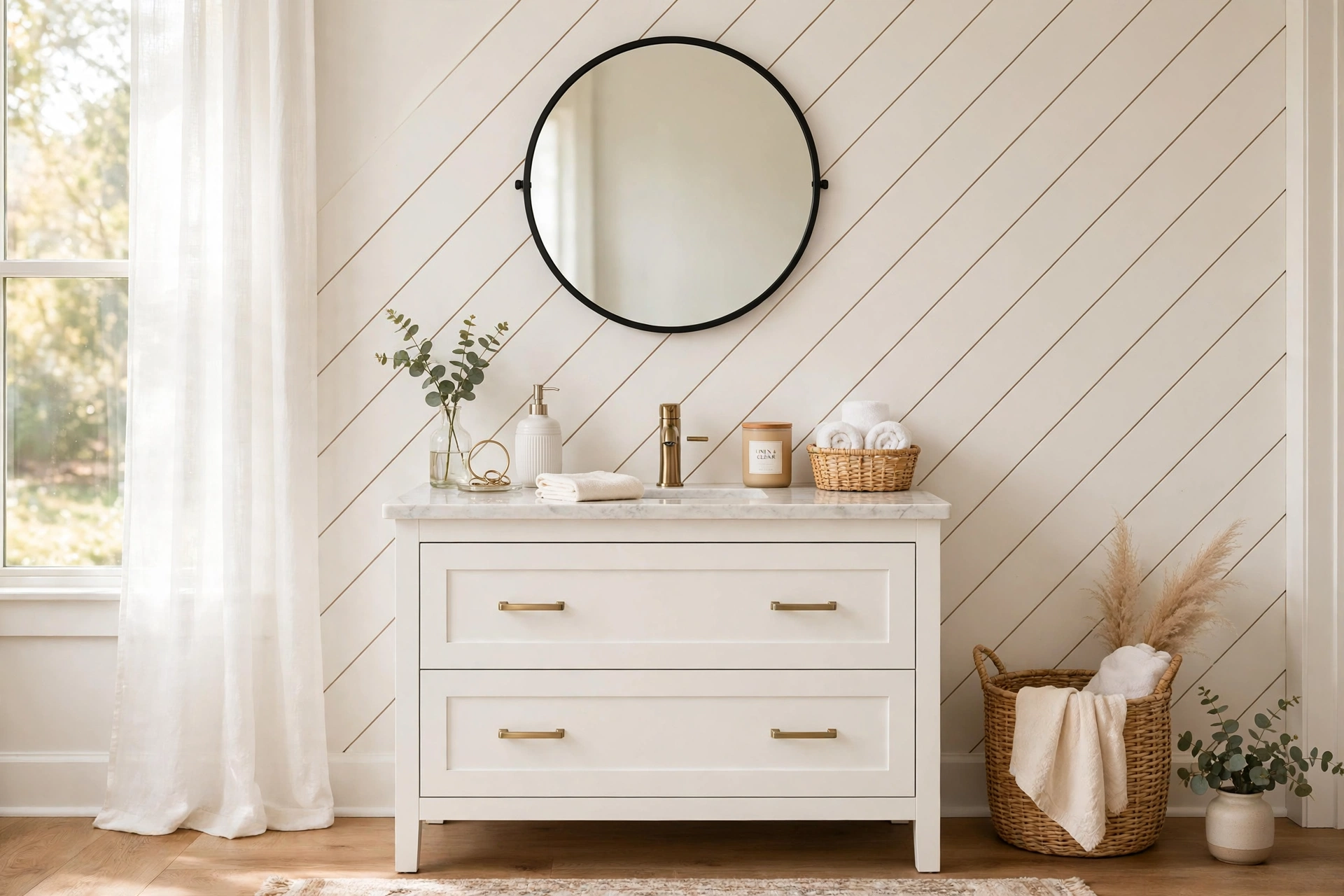 Diagonal shiplap accent wall behind a white vanity in warm white paint