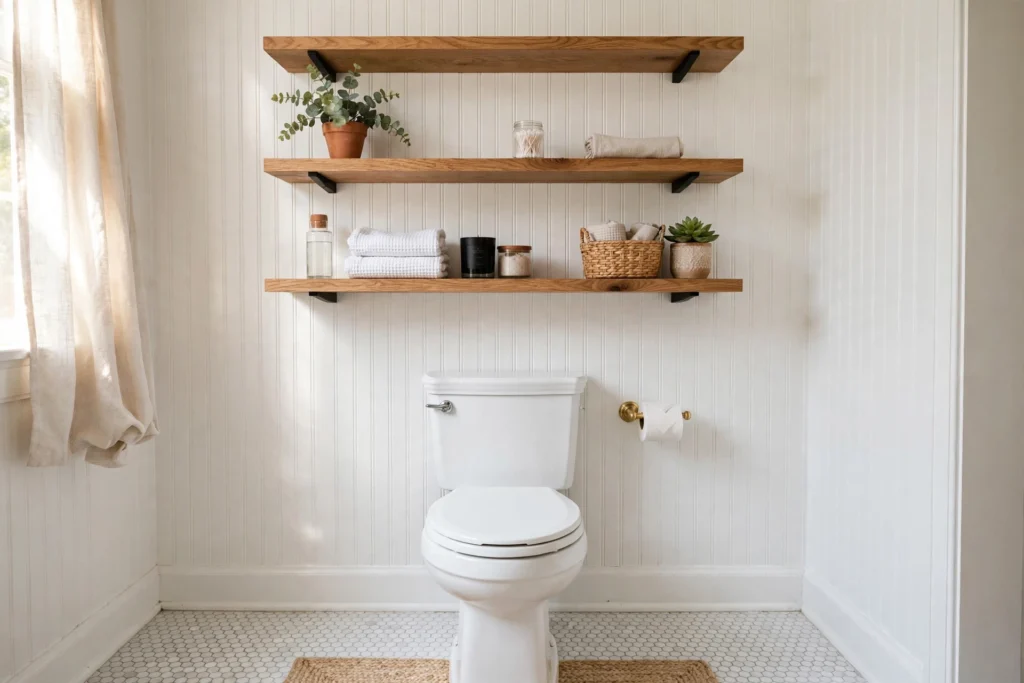 Open wood shelves mounted on white beadboard wall above a toilet