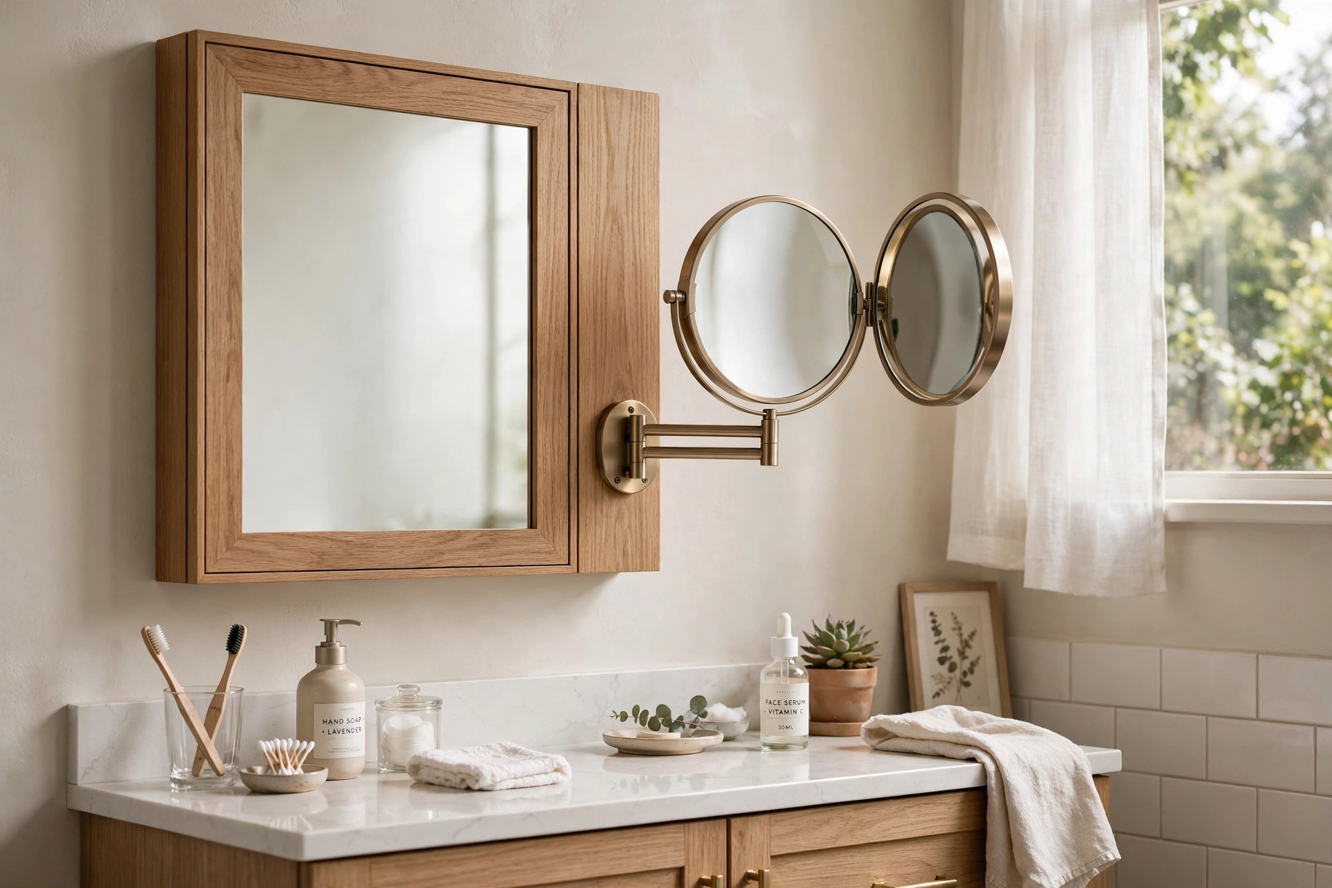 Medicine cabinet with swing-out magnifying mirror panel beside the main mirror