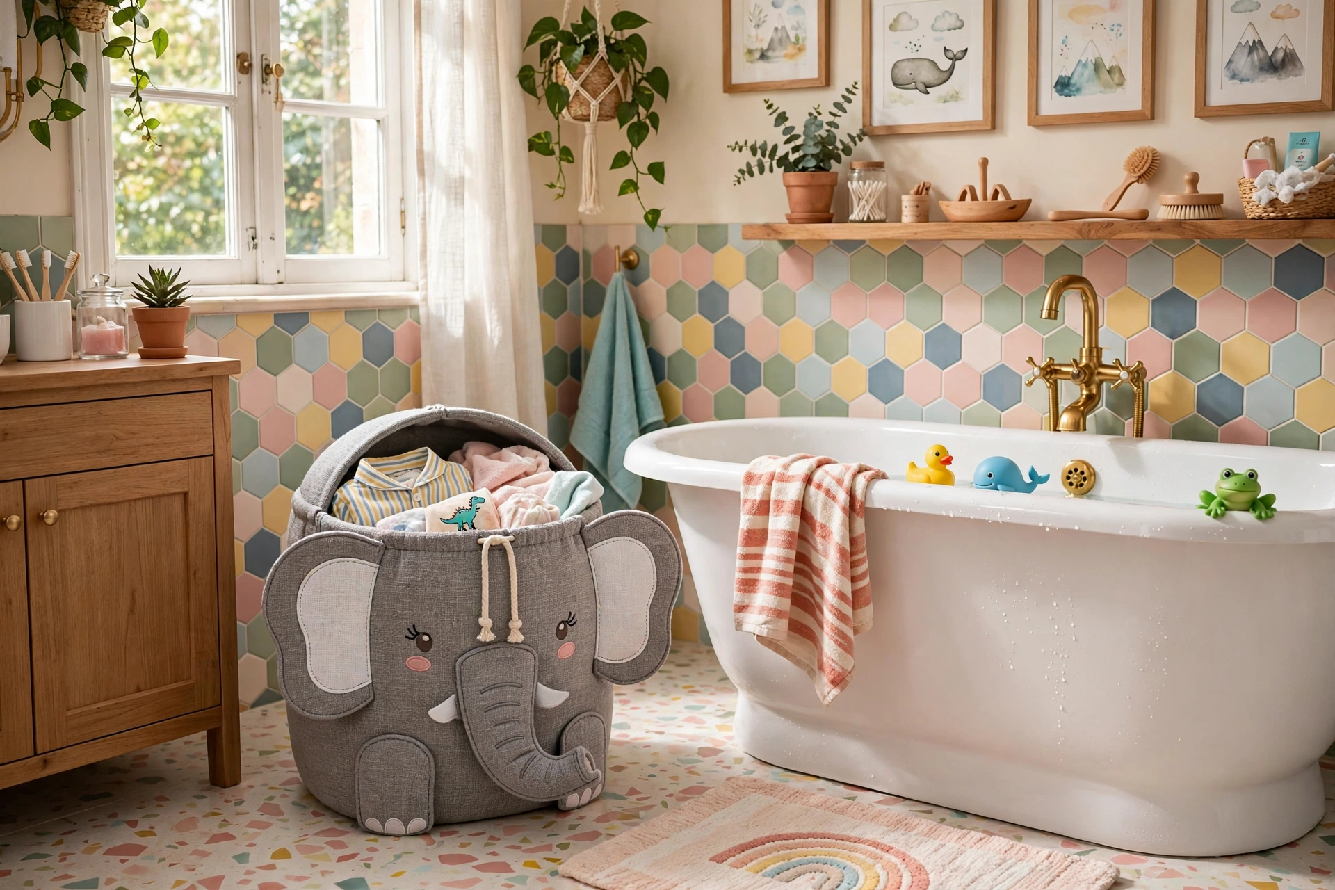 Fun animal-shaped kids laundry hamper beside a bathtub in a colorful bathroom