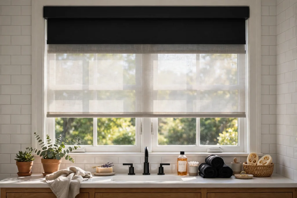 Layered bathroom window with sheer shade and blackout roller behind it