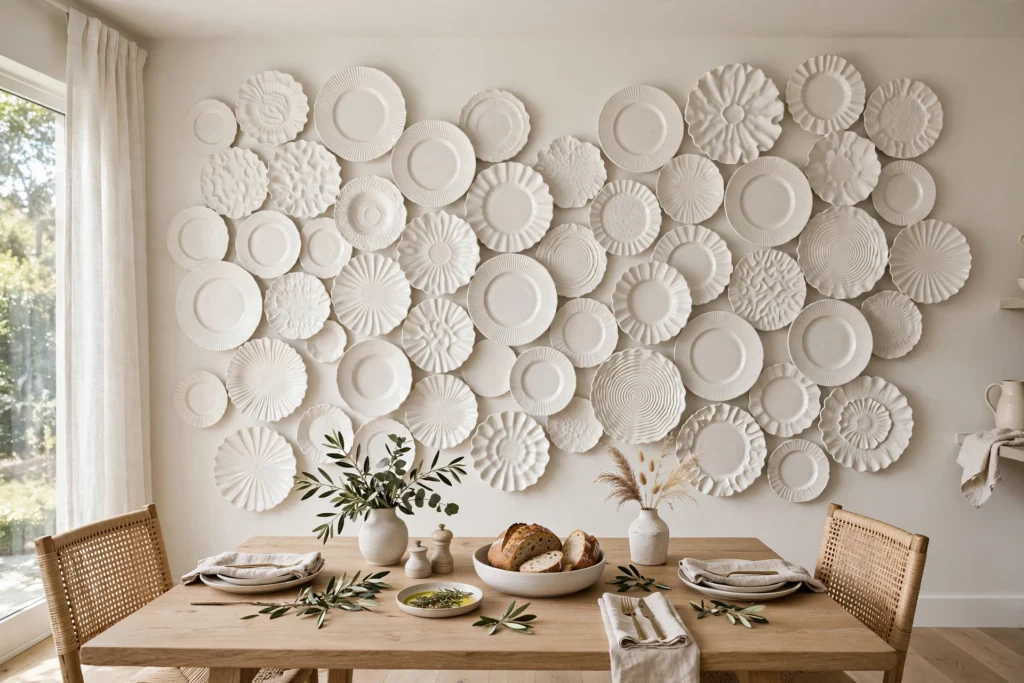 Textured all-white plates creating a sculptural monochrome wall display in a dining room
