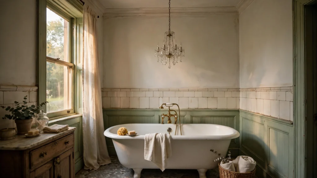 Small crystal chandelier above a freestanding tub in a vintage bathroom