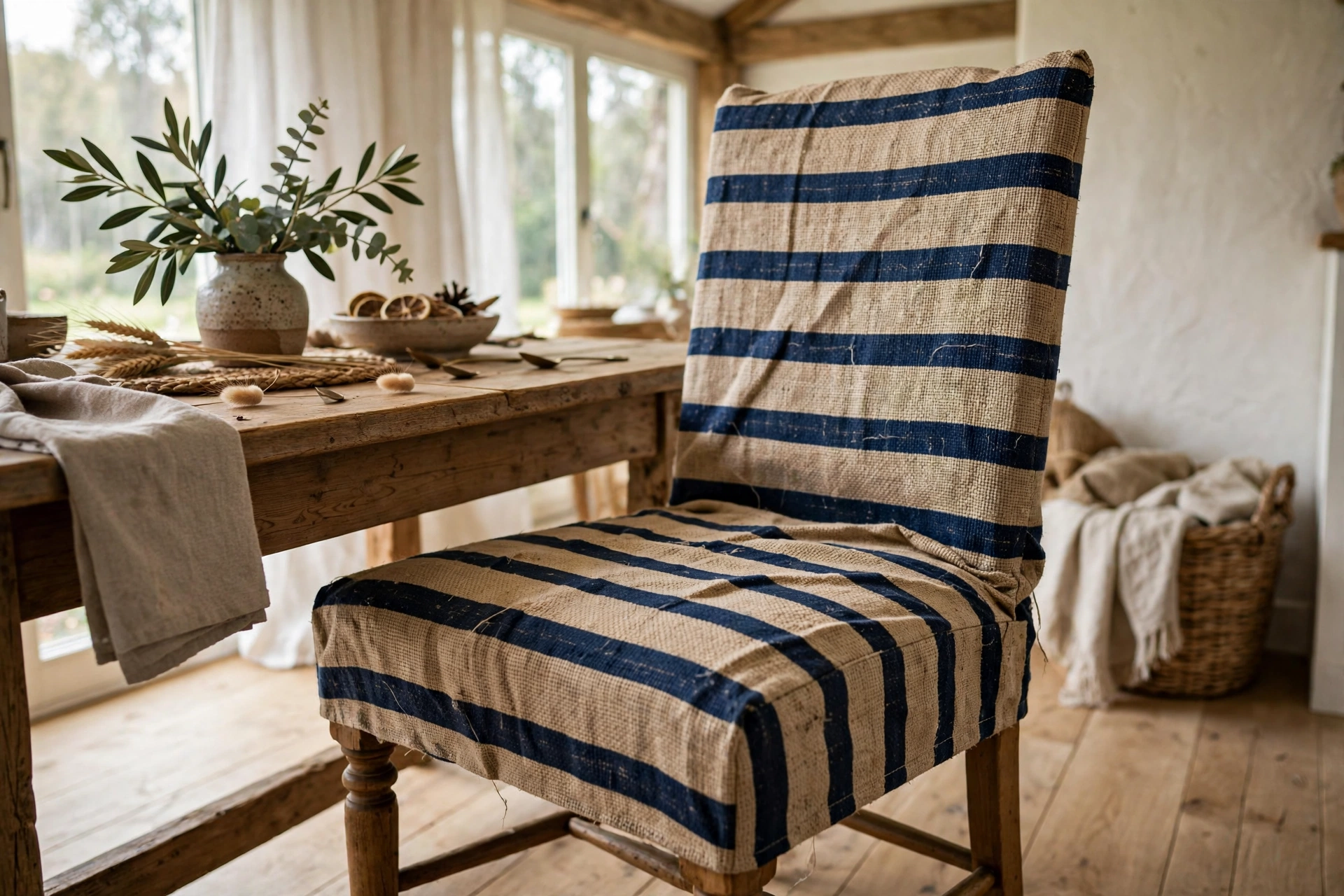 Rustic grain-sack striped slipcover with bold navy stripes on a dining chair