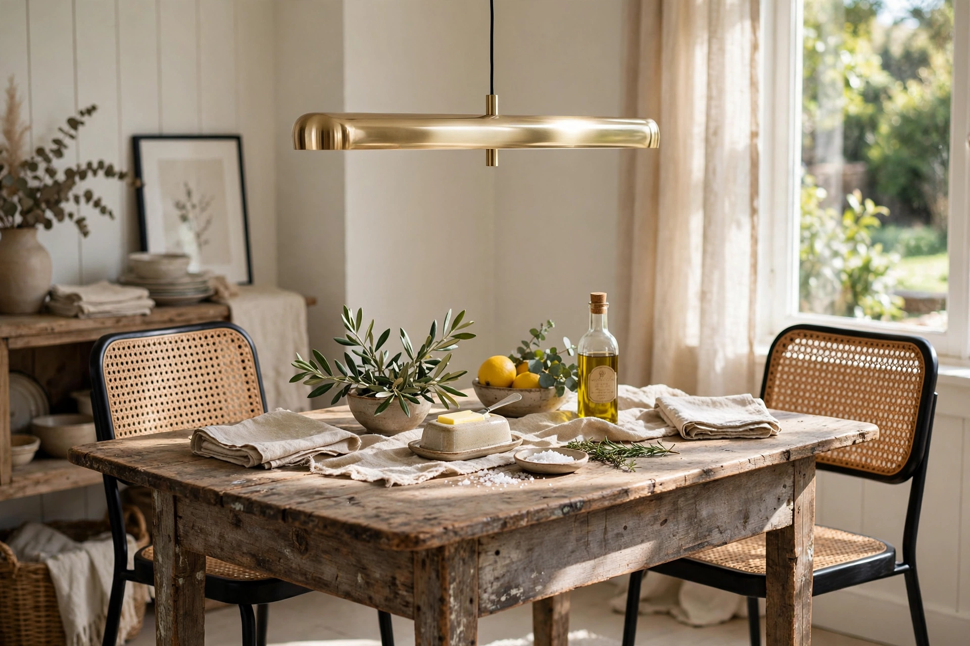 Vintage farmhouse table paired with a sleek modern pendant light fixture