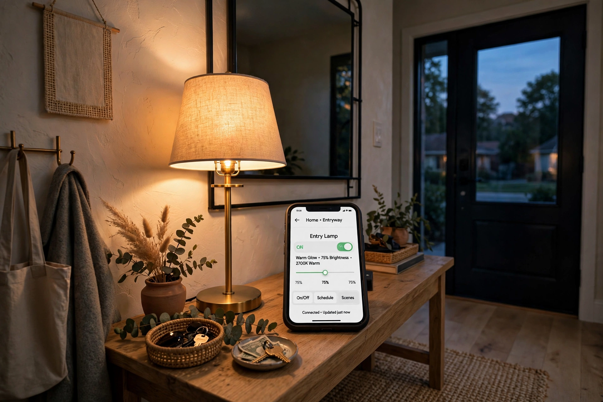 Entryway lamp glowing warmly at dusk controlled by a smartphone app