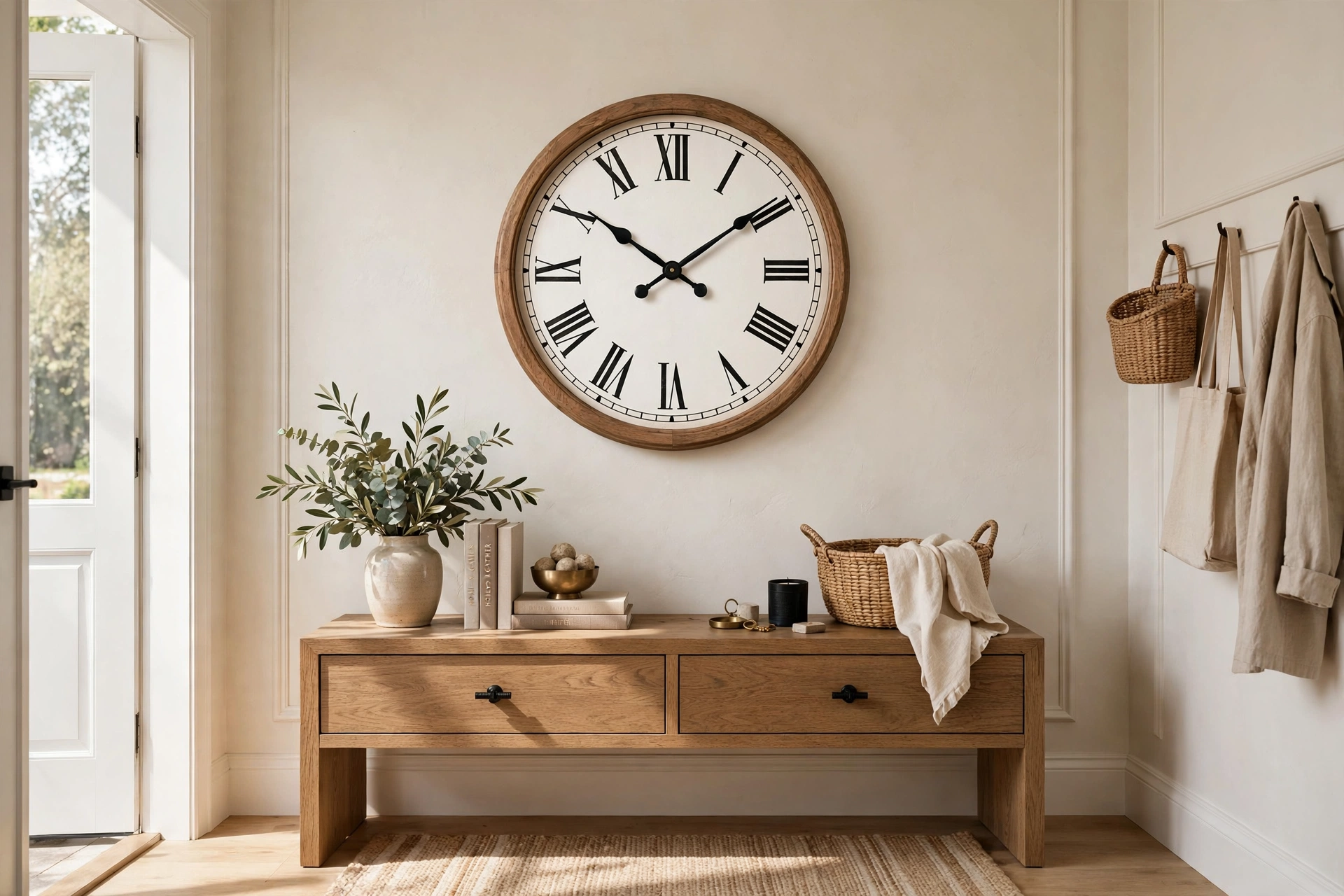 Perfectly centered wall clock above a styled console table in a welcoming foyer