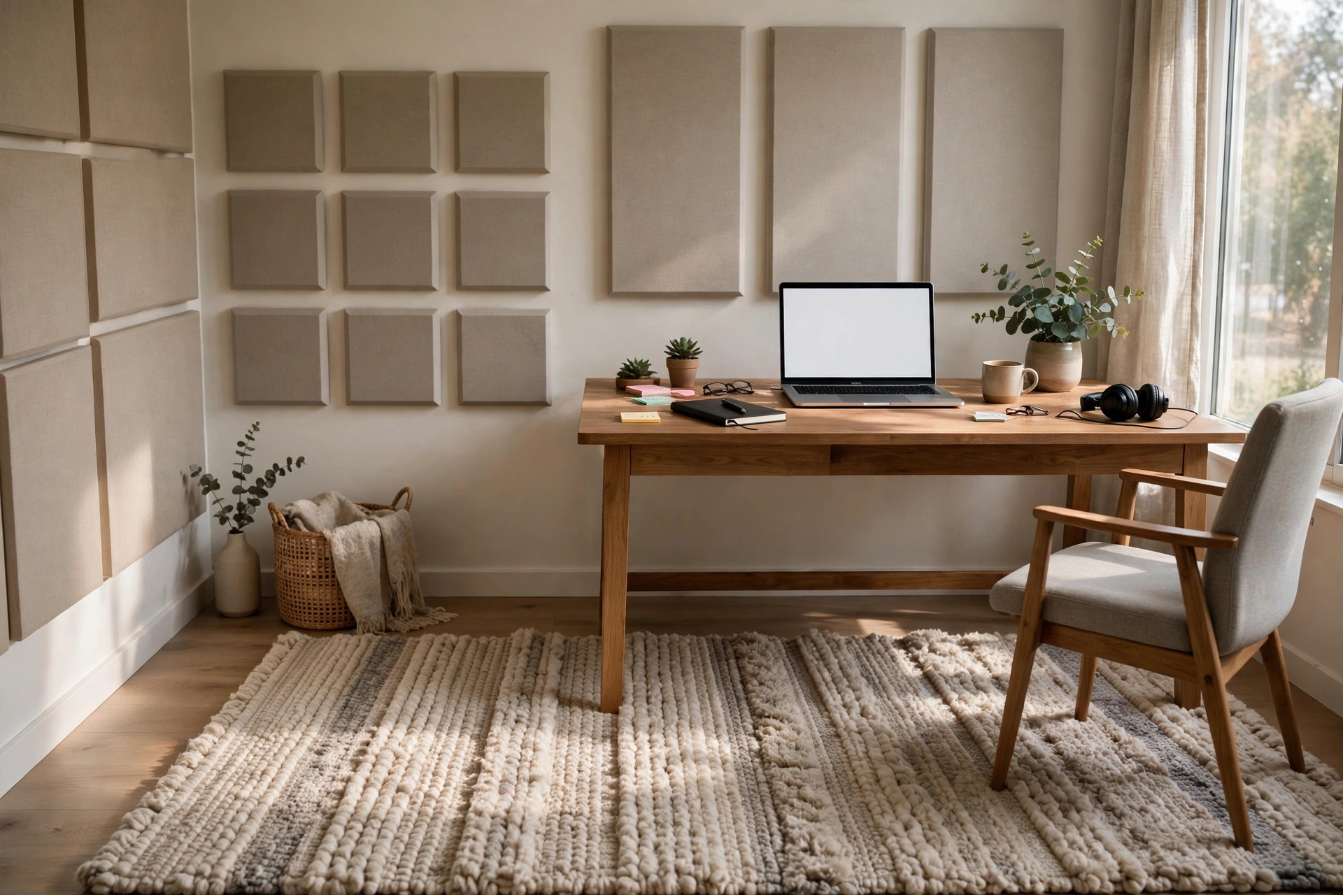 Thick area rug under a desk paired with acoustic panels on the walls