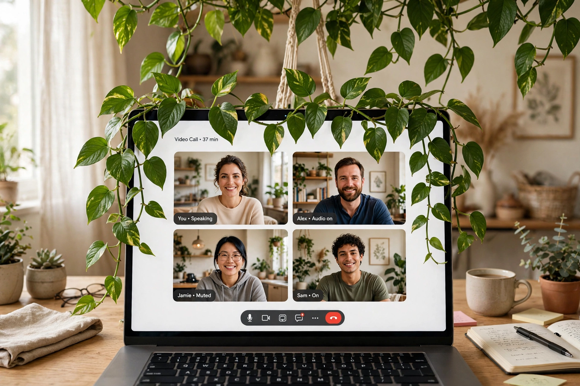 Trailing pothos plants hanging at the top edge of a video call frame