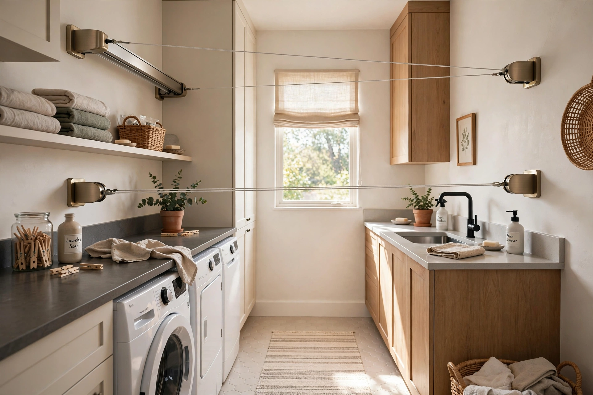Two retractable clotheslines at staggered heights in a galley laundry