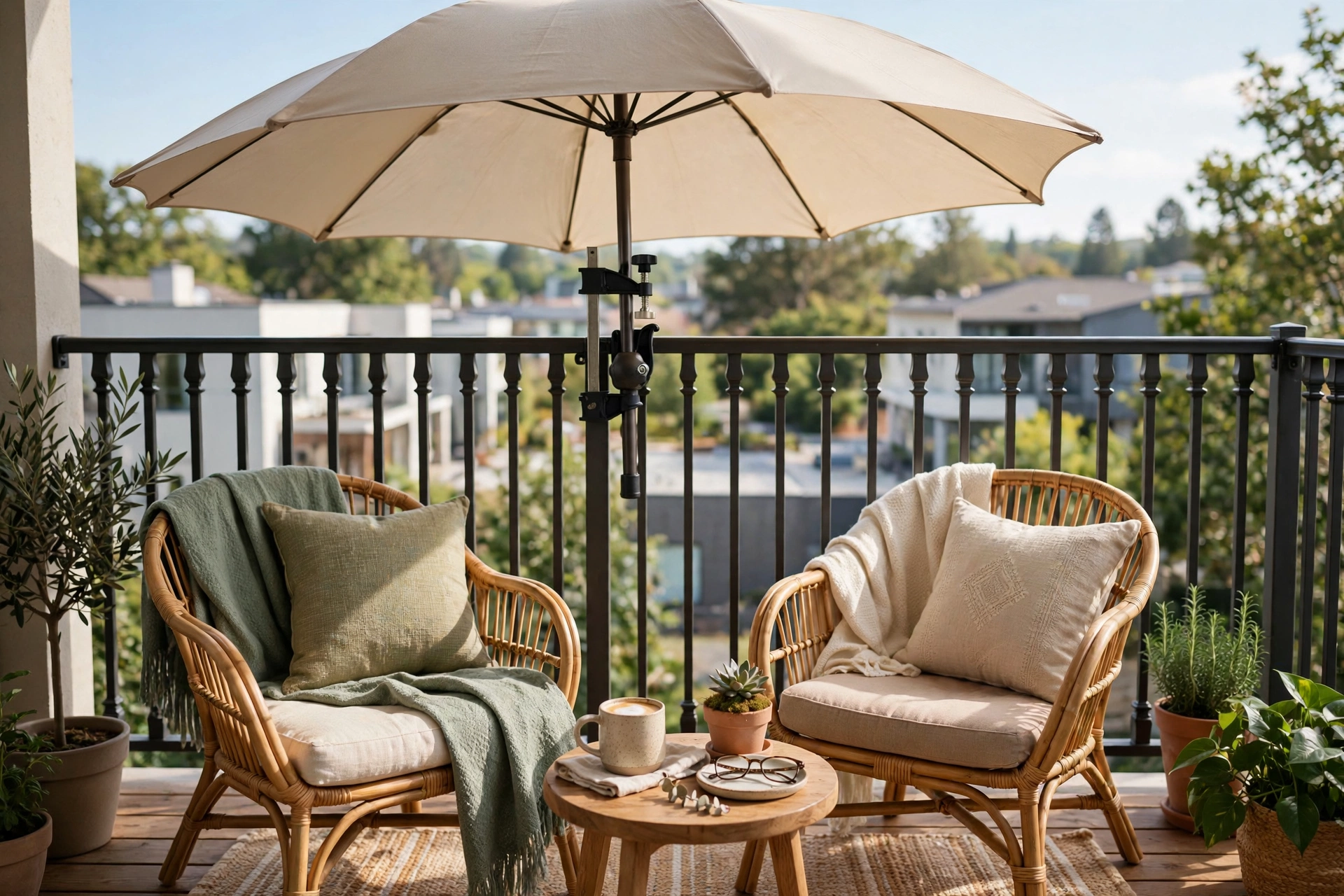 Clamp-mount umbrella attached to a balcony railing over chairs