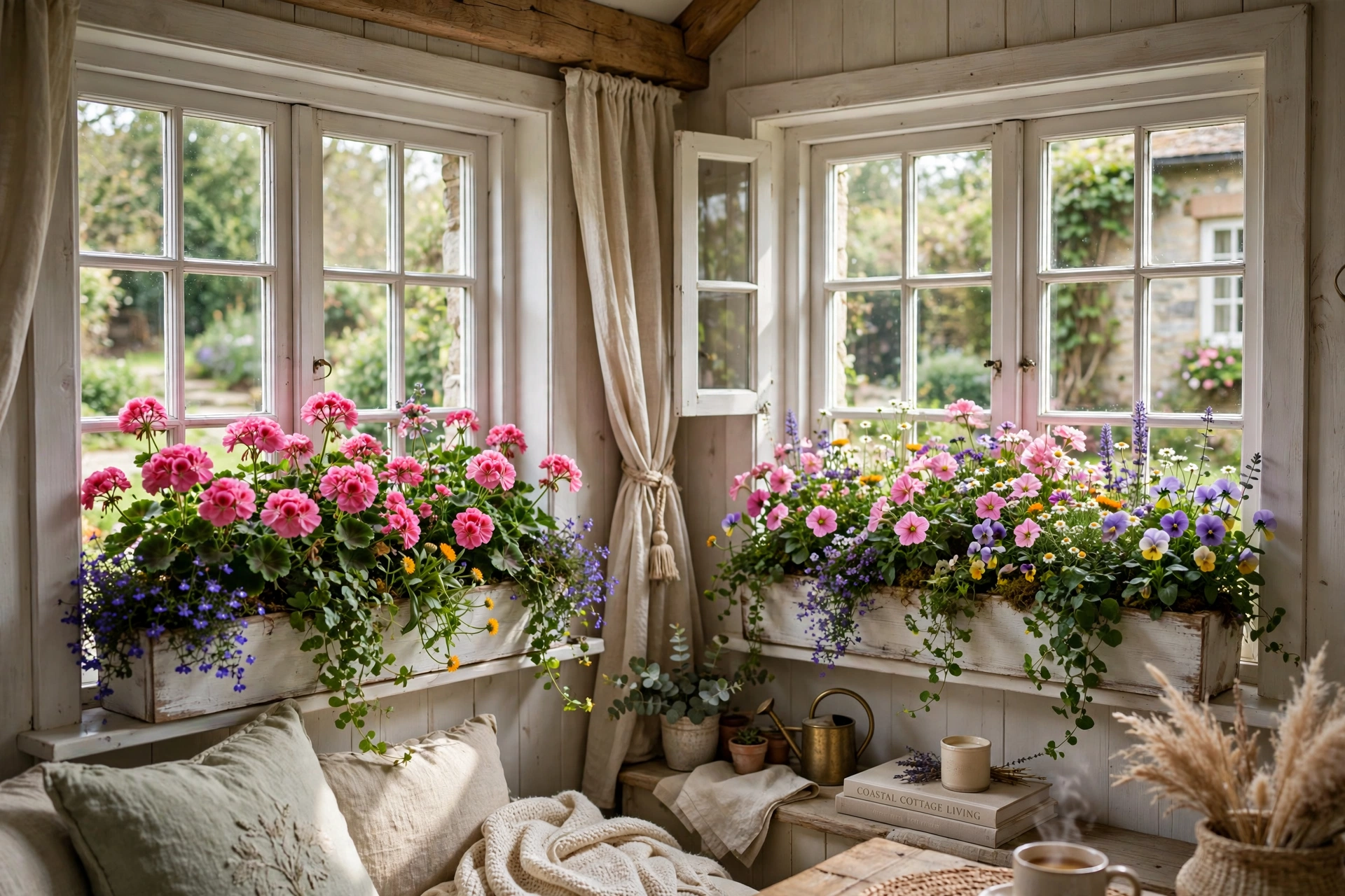 Flower-filled window boxes mounted beneath cottage windows