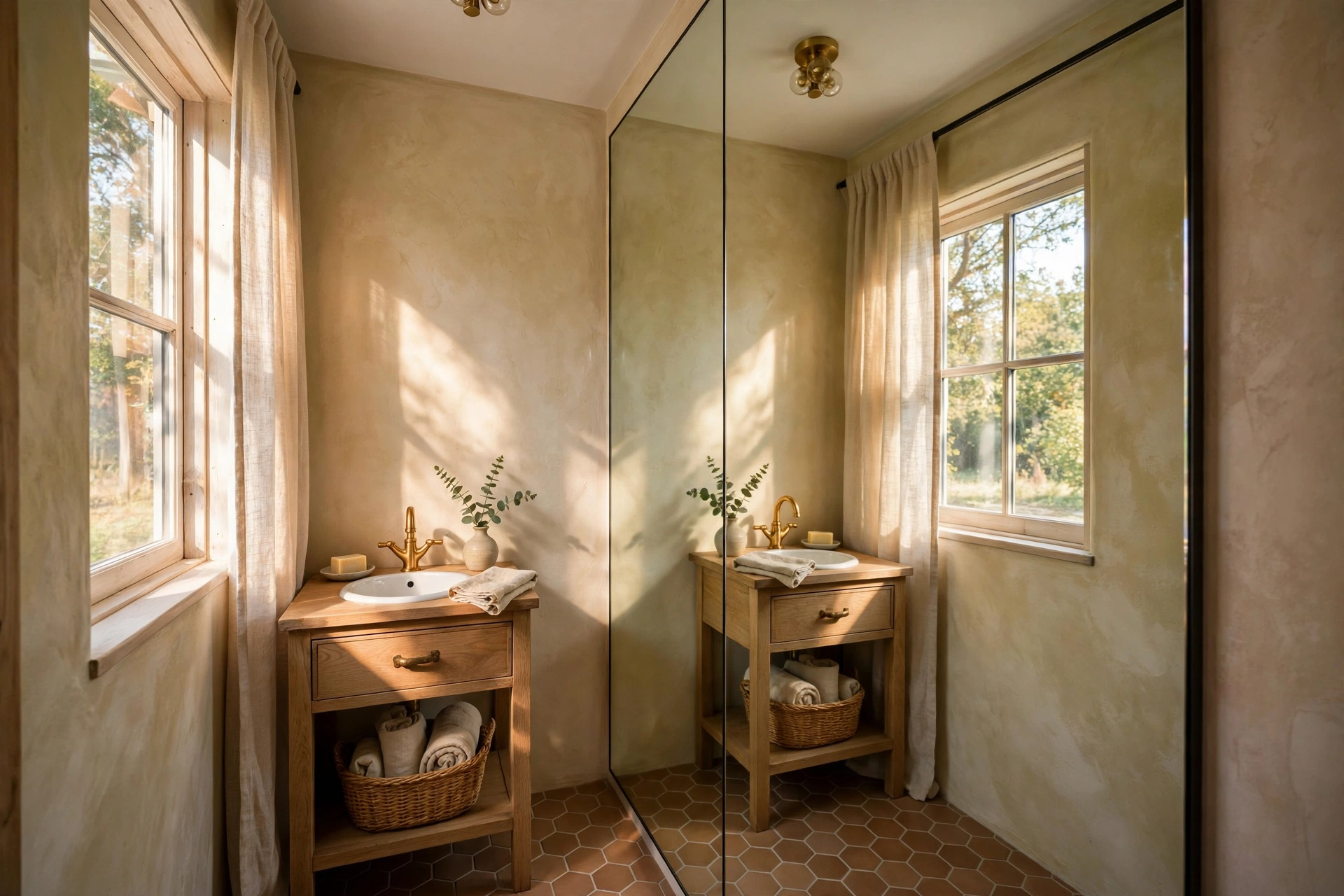 Floor to ceiling mirror making a tiny powder room feel larger