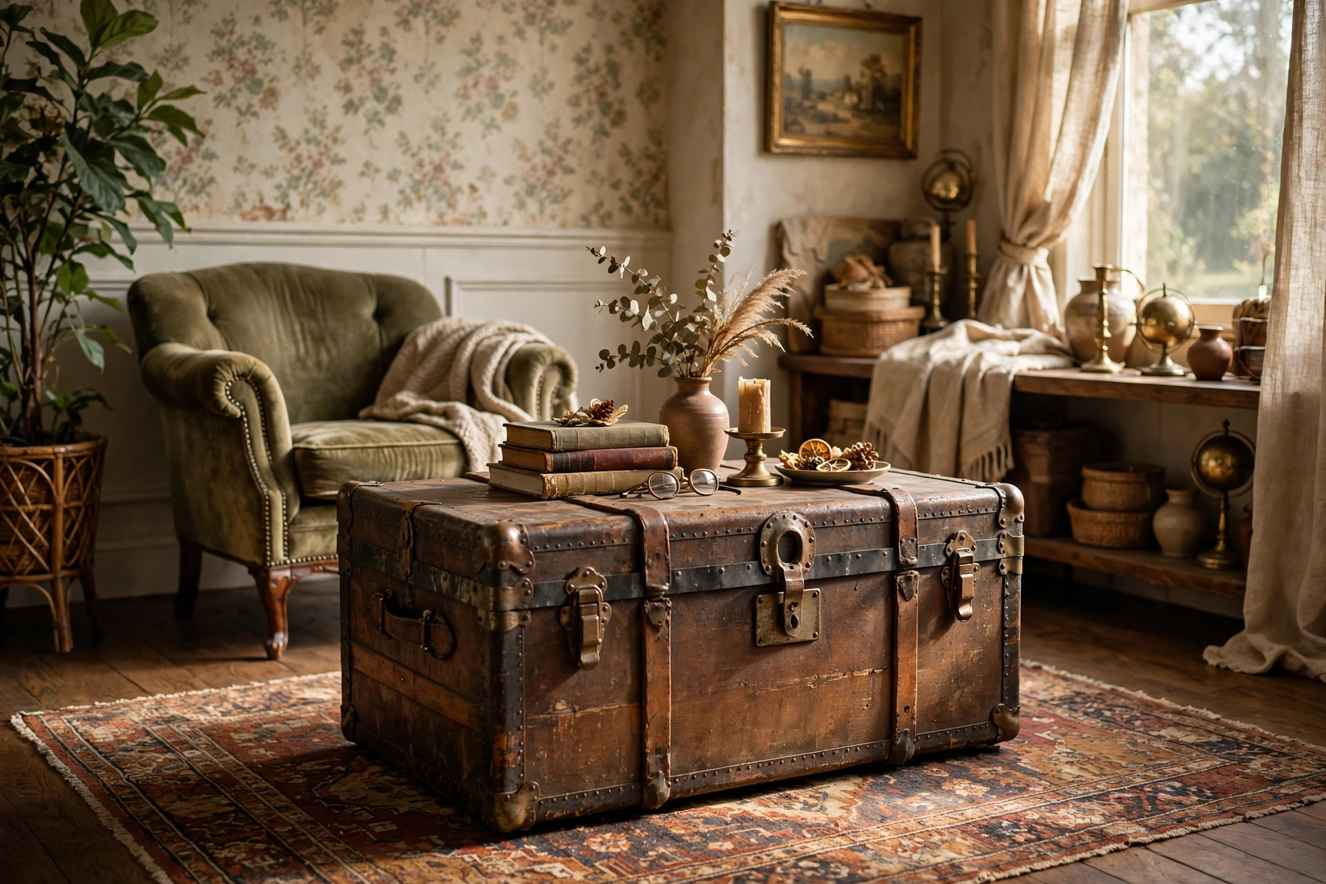 Antique steamer trunk used as a coffee table in a vintage living room