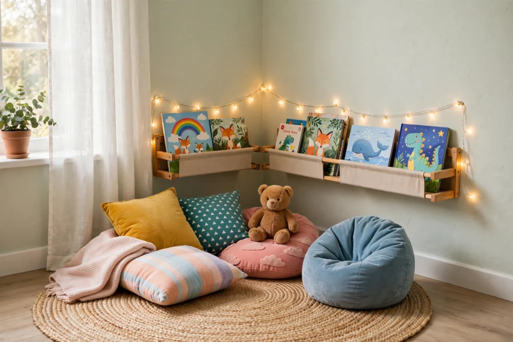 Kid-size cozy reading nook with floor cushions, book sling and fairy lights