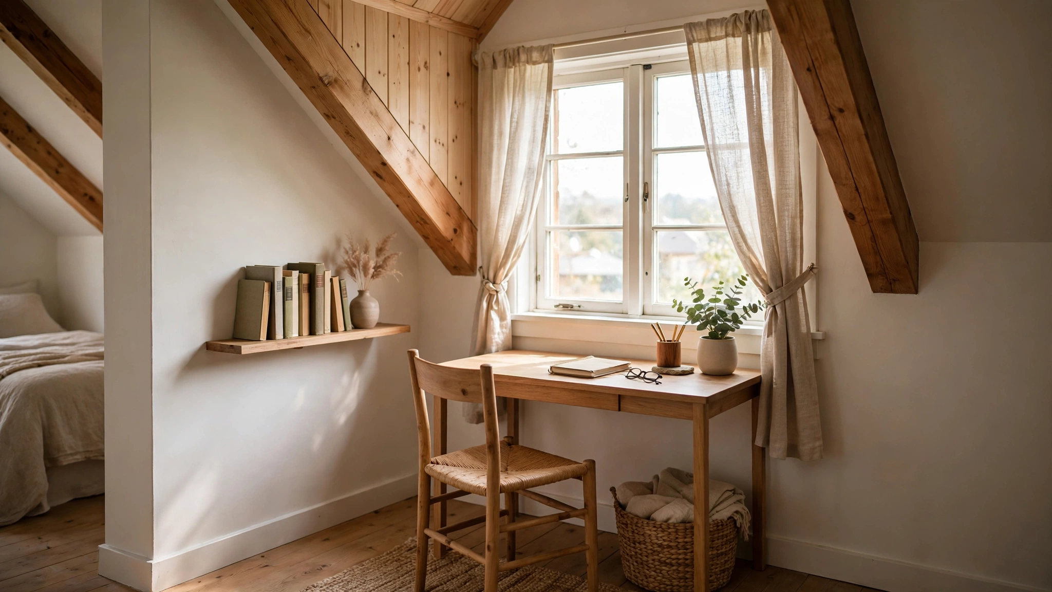 Attic bedroom with a slim desk tucked into a dormer alcove work zone