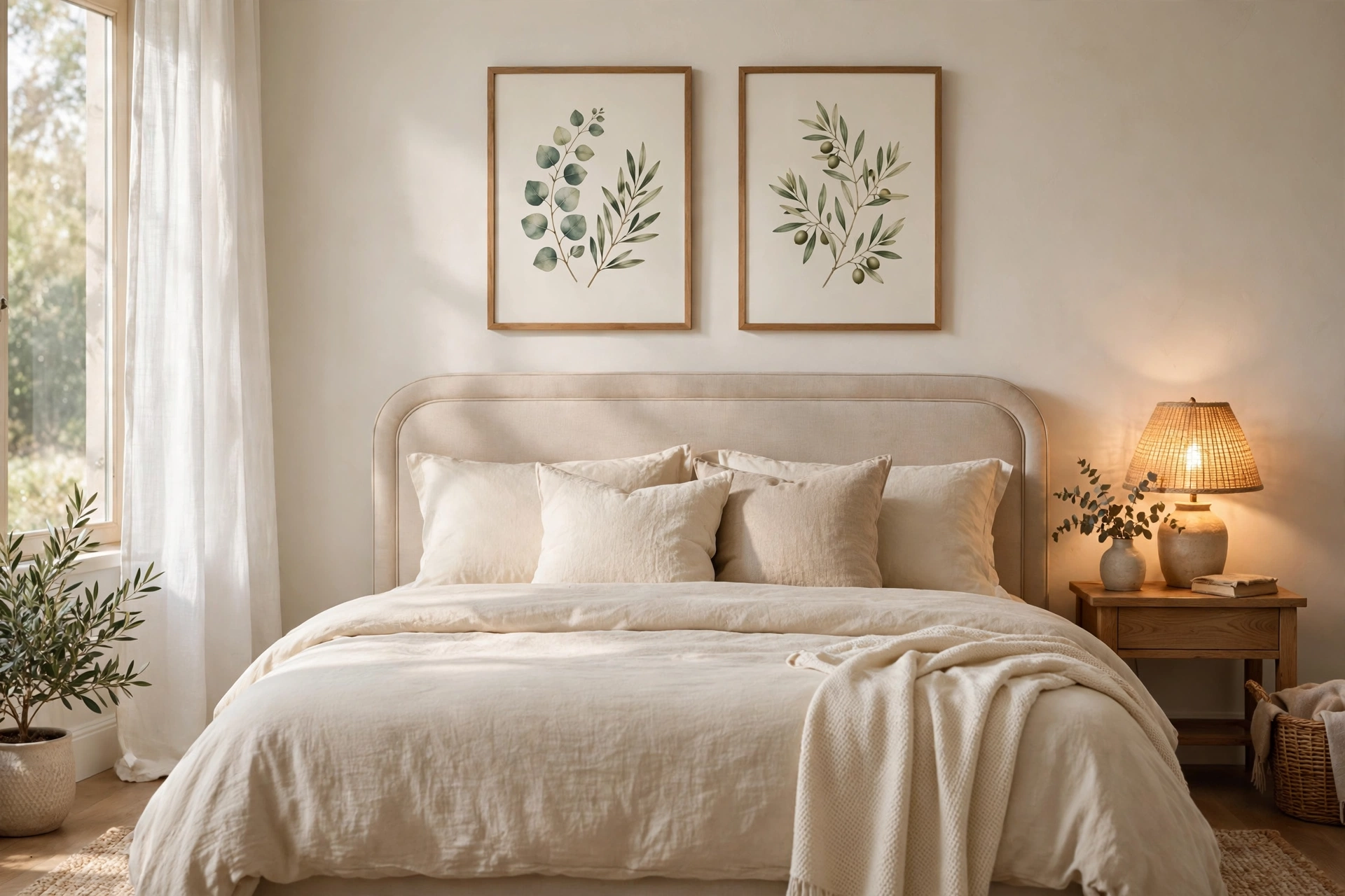 Guest bedroom design ideas with framed landscape art above the bed